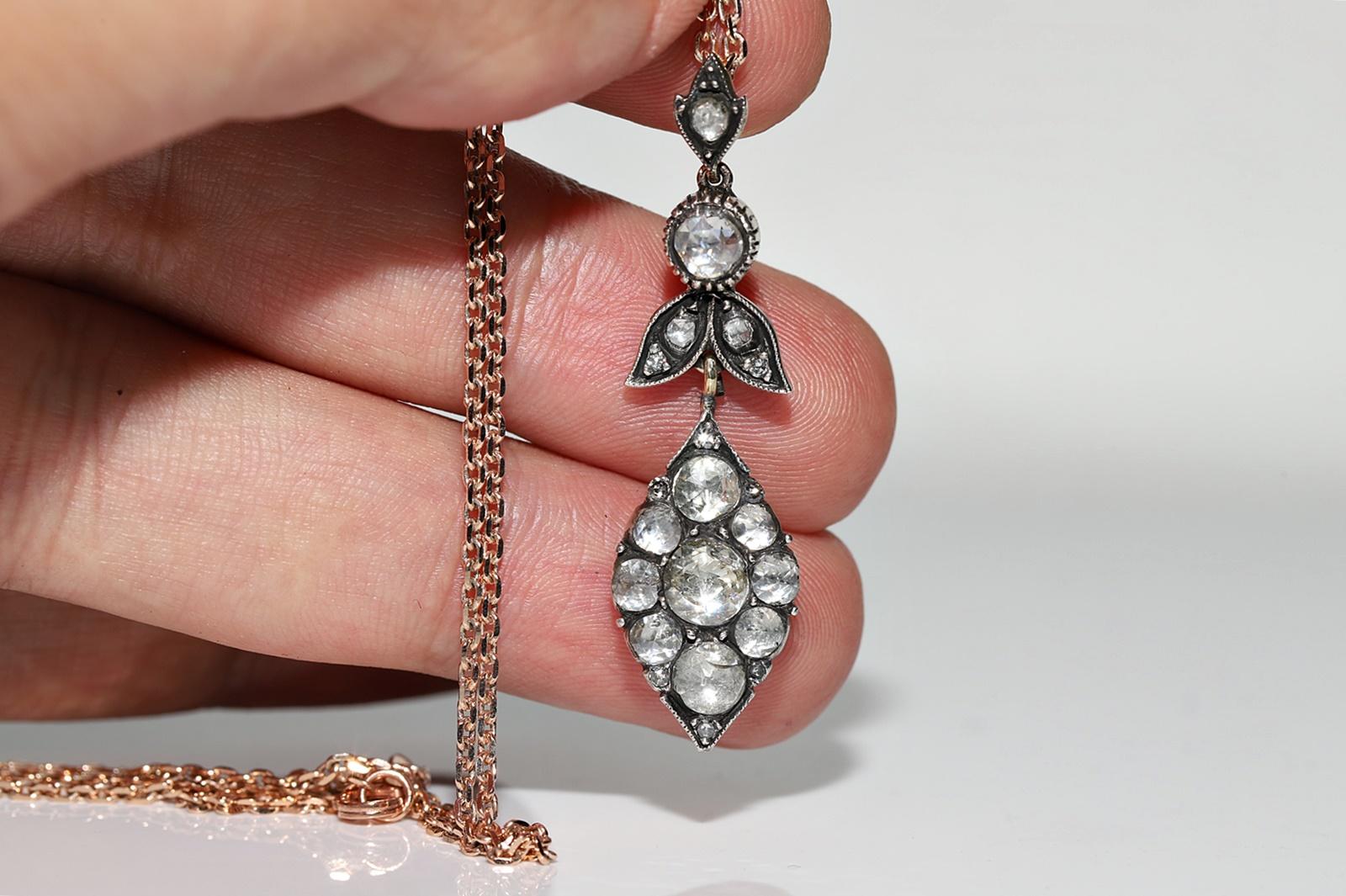 Vintage 8k Gold Top Silver Natural Rose Cut Diamond Drop Pendant Necklace For Sale 2