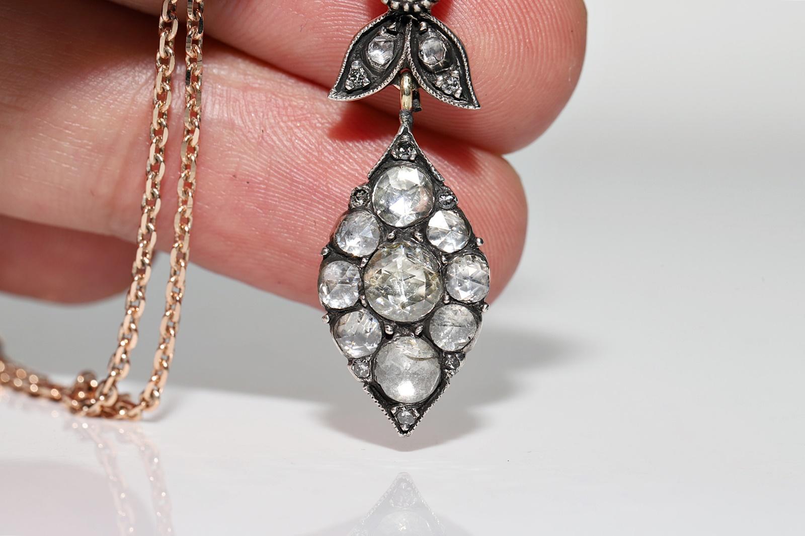 Vintage 8k Gold Top Silver Natural Rose Cut Diamond Drop Pendant Necklace en vente 2