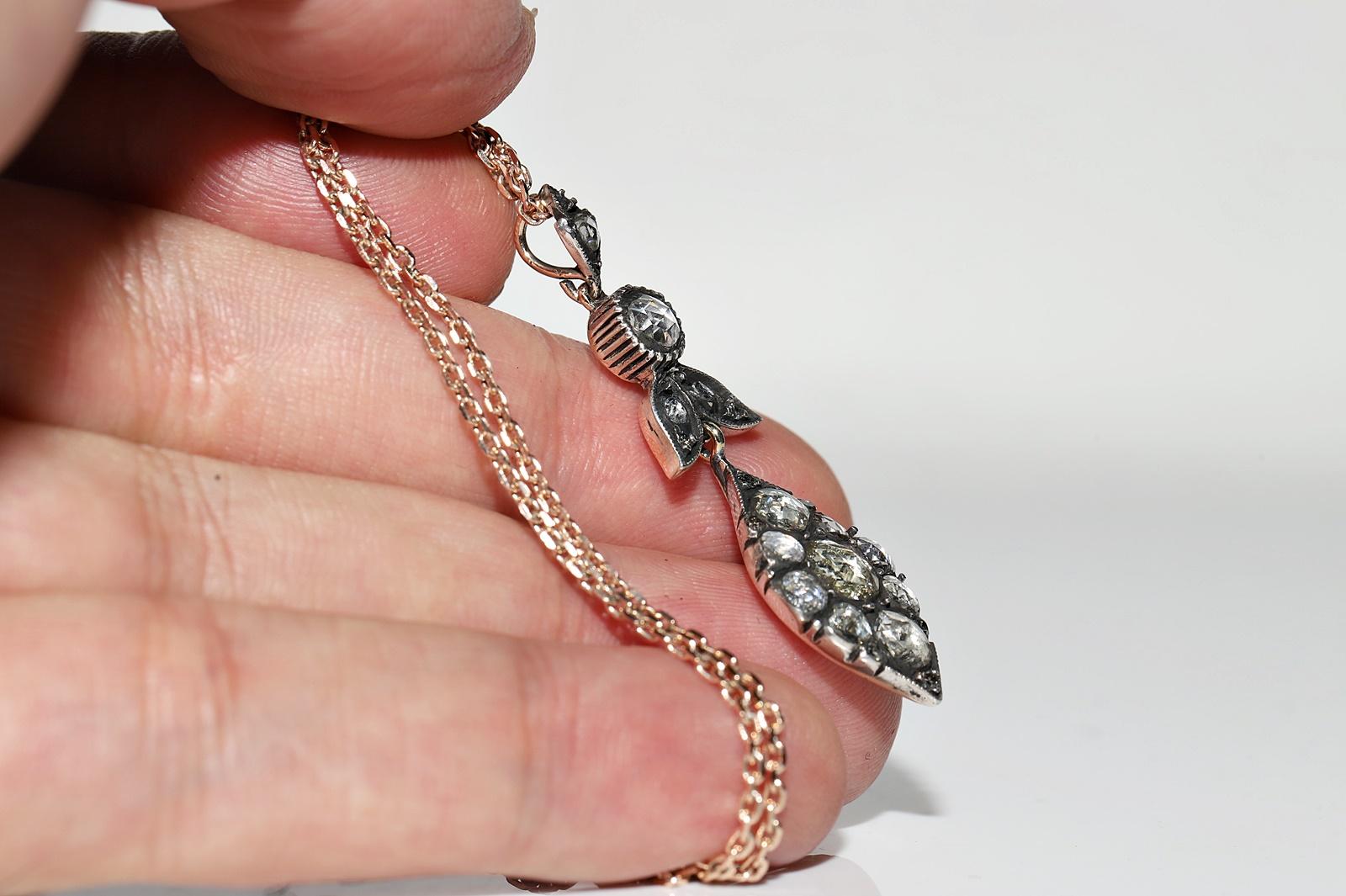 Collana con ciondolo in oro 8k e argento con diamanti naturali taglio rosa vintage in vendita 3