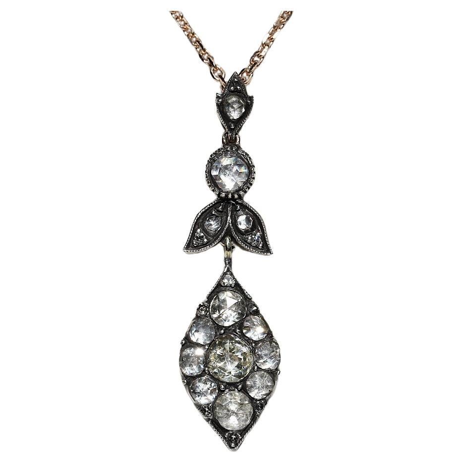 Vintage 8k Gold Top Silver Natural Rose Cut Diamond Drop Pendant Necklace For Sale