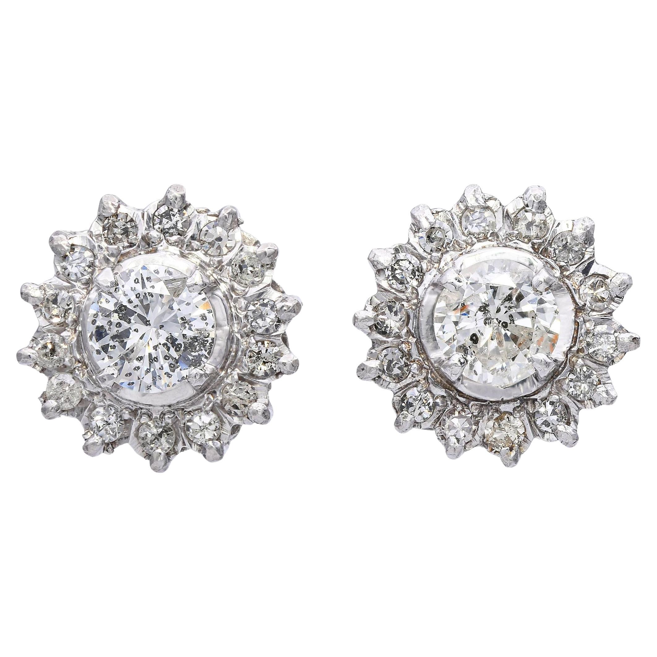 Vintage 8k White Gold 2.0tcw J I1 Diamond Halo Stud Earrings