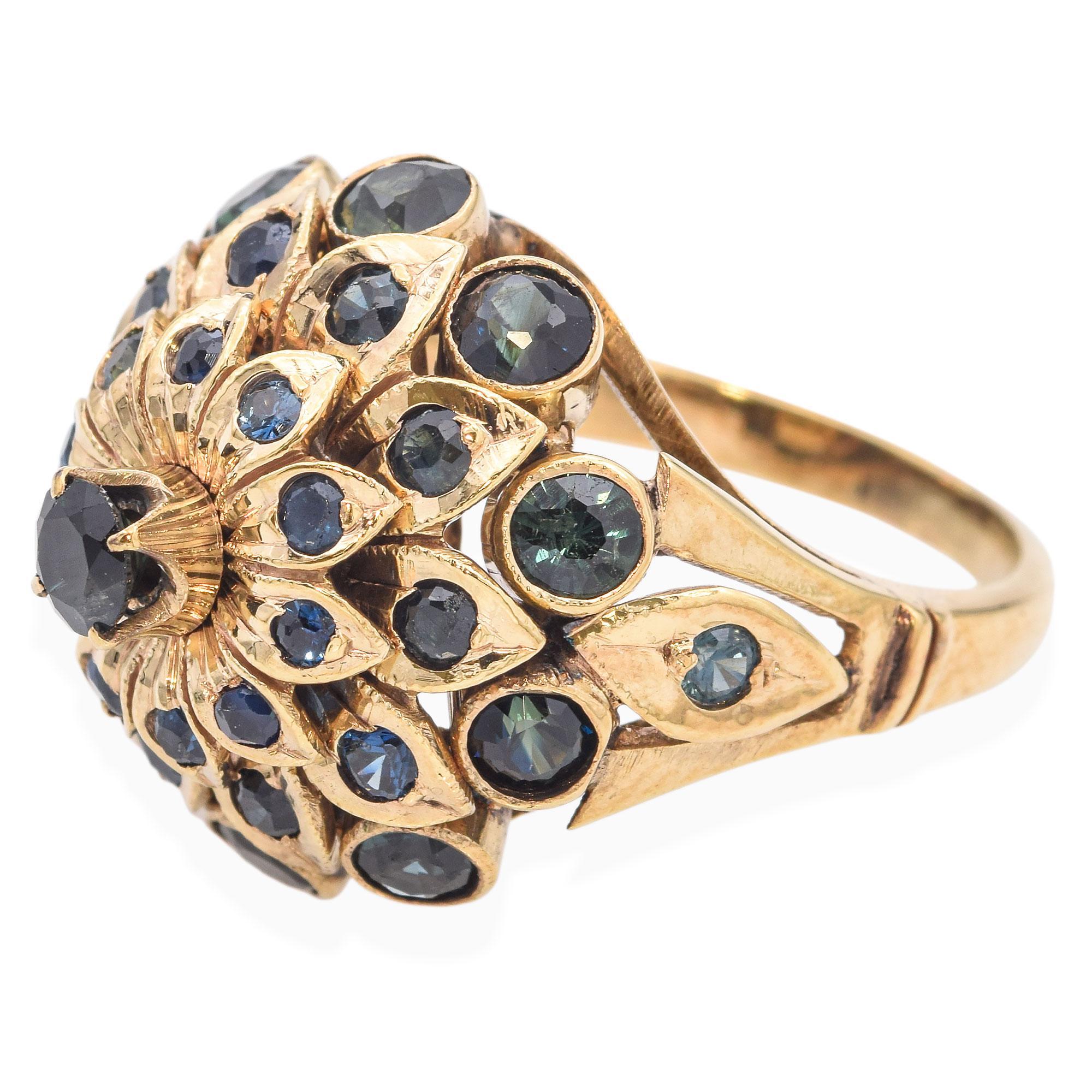 Vintage 8k Yellow Gold Sapphire Flora Statement Ring Bon état - En vente à New York, NY