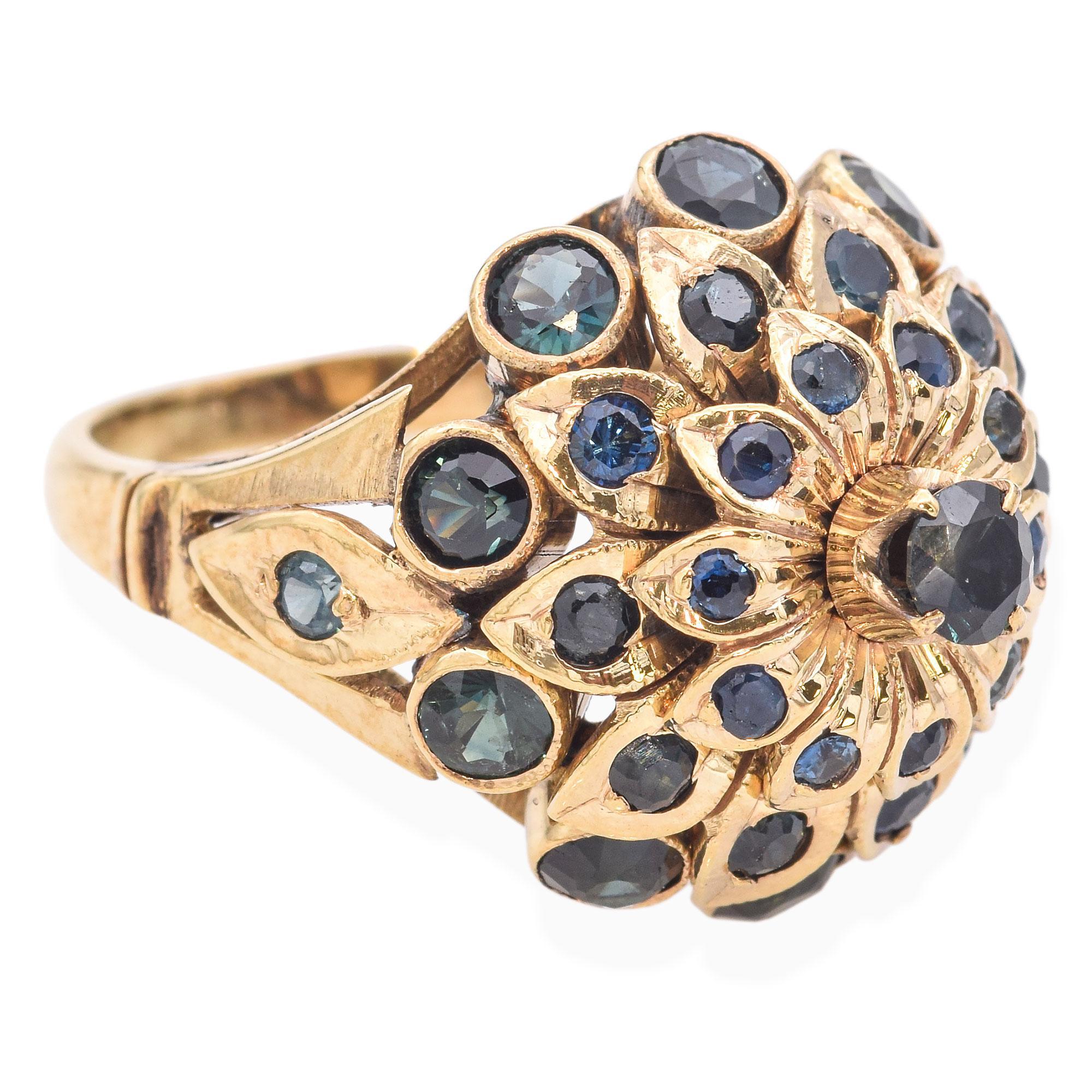 Vintage 8k Yellow Gold Sapphire Flora Statement Ring en vente 1
