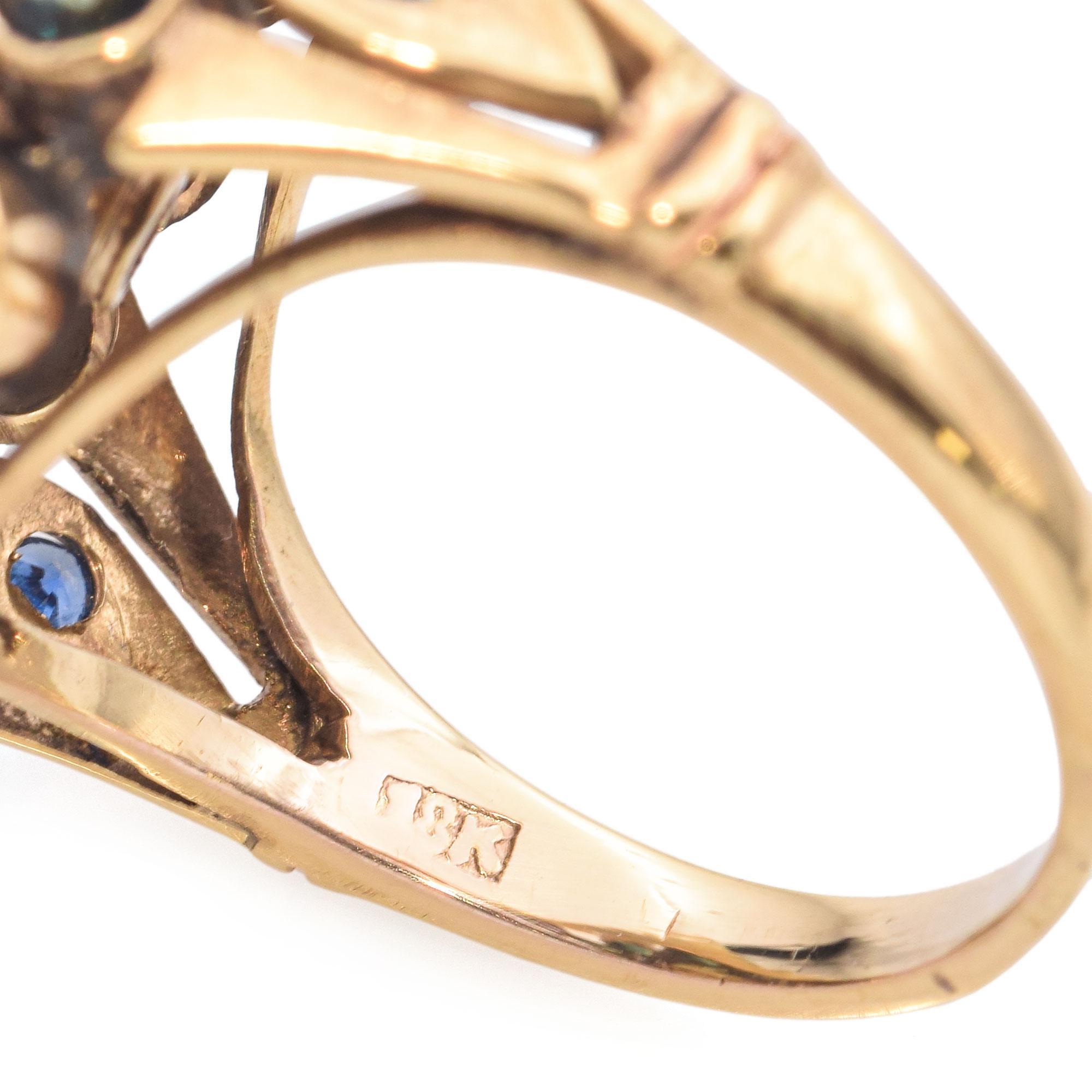 Vintage 8k Yellow Gold Sapphire Flora Statement Ring en vente 2