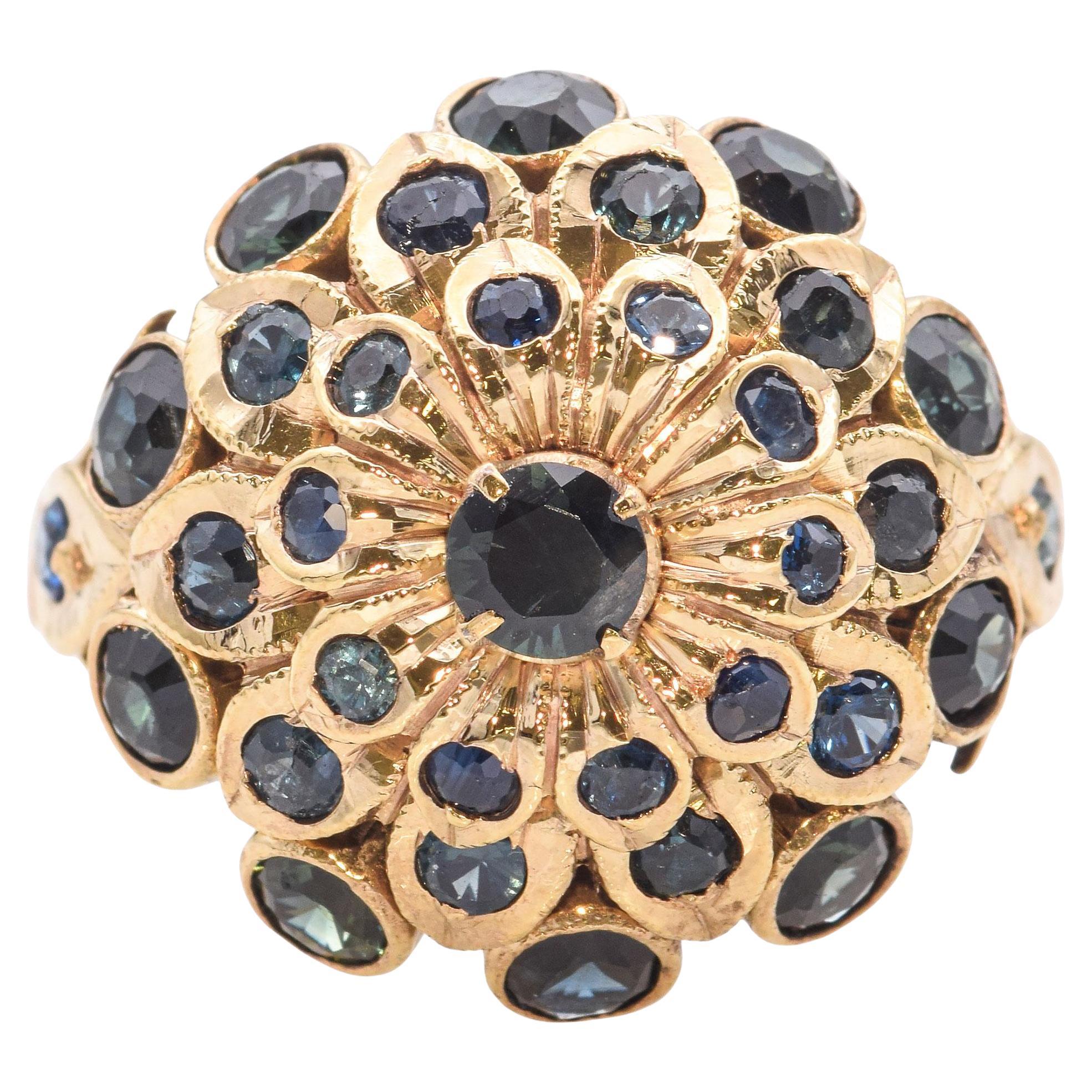 Vintage 8k Yellow Gold Sapphire Flora Statement Ring en vente
