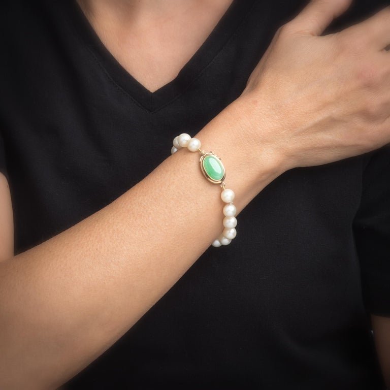 Vintage Cultured Pearl Jade Bracelet 14 Karat Yellow Gold Estate Fine