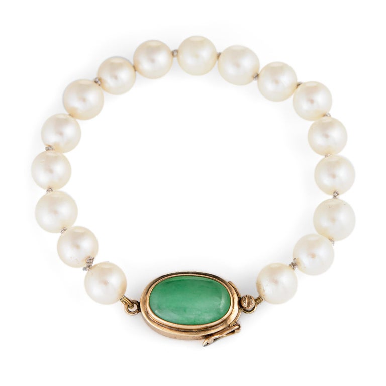 Vintage Cultured Pearl Jade Bracelet 14 Karat Yellow Gold Estate Fine
