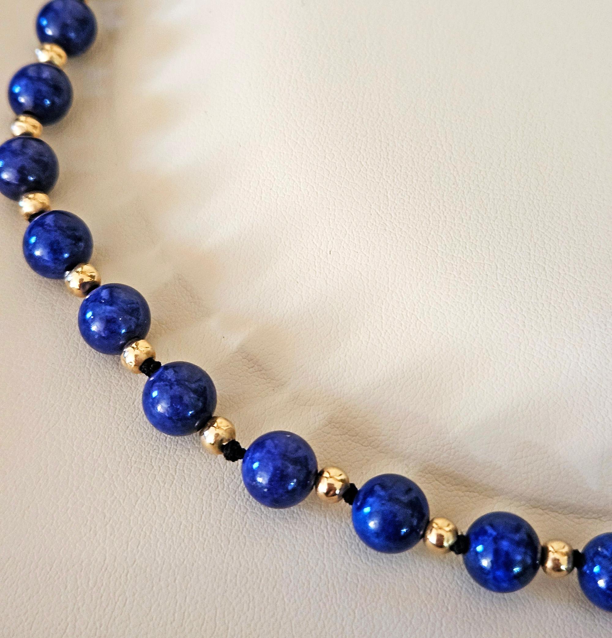 Vintage 8mm Lapis Lazuli & 14K Yellow Gold Beaded Necklace 16