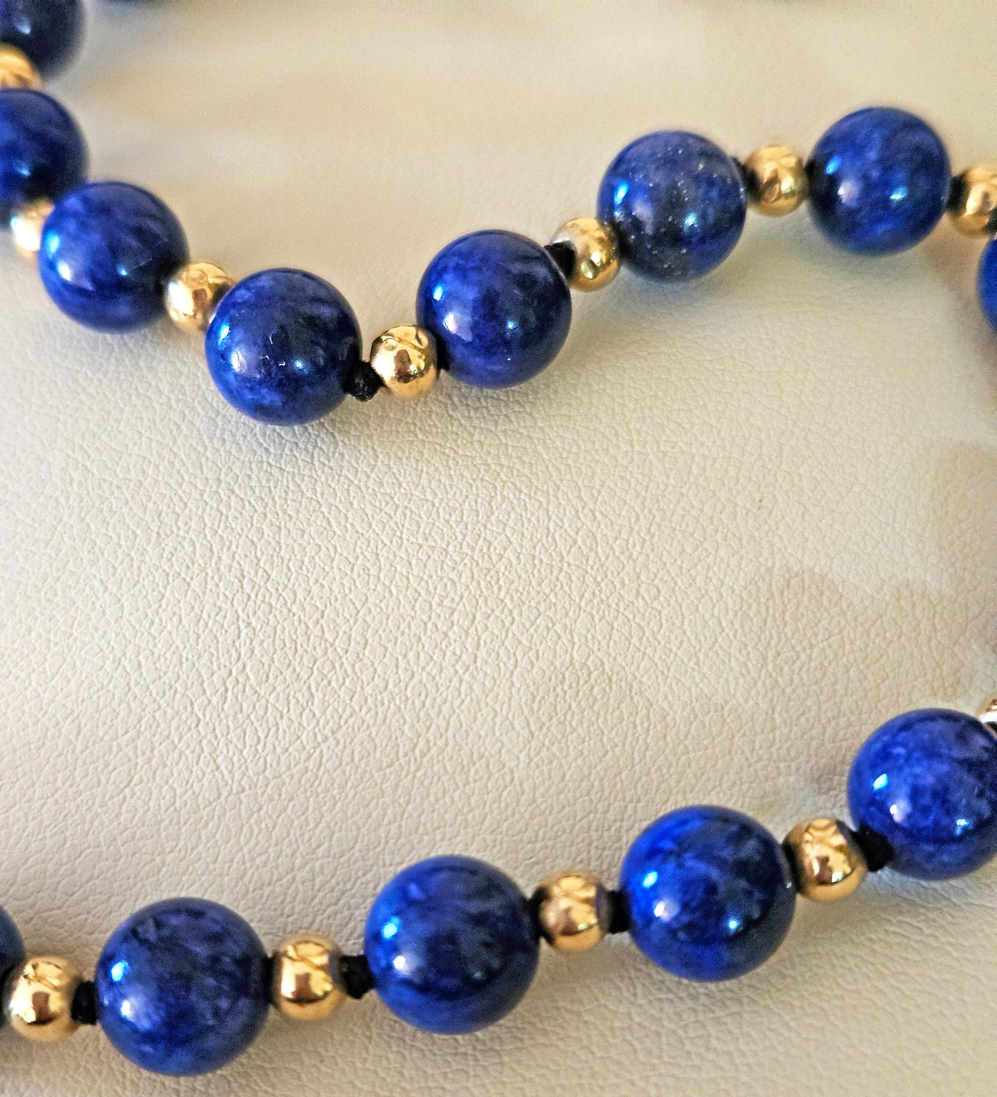 Vintage 8mm Lapis Lazuli & 14K Yellow Gold Beaded Necklace 16