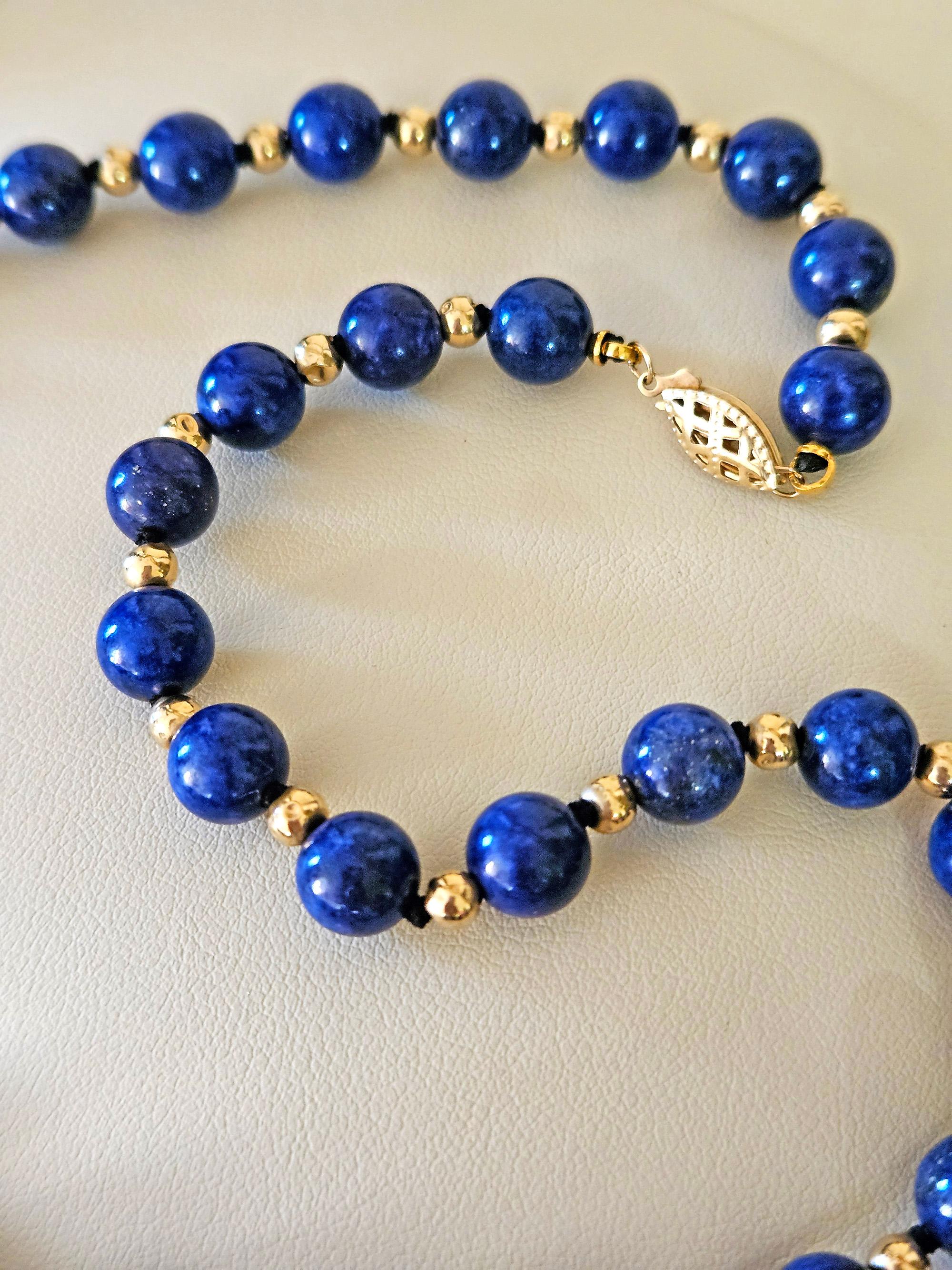 Vintage 8mm Lapis Lazuli & 14K Yellow Gold Beaded Necklace 16