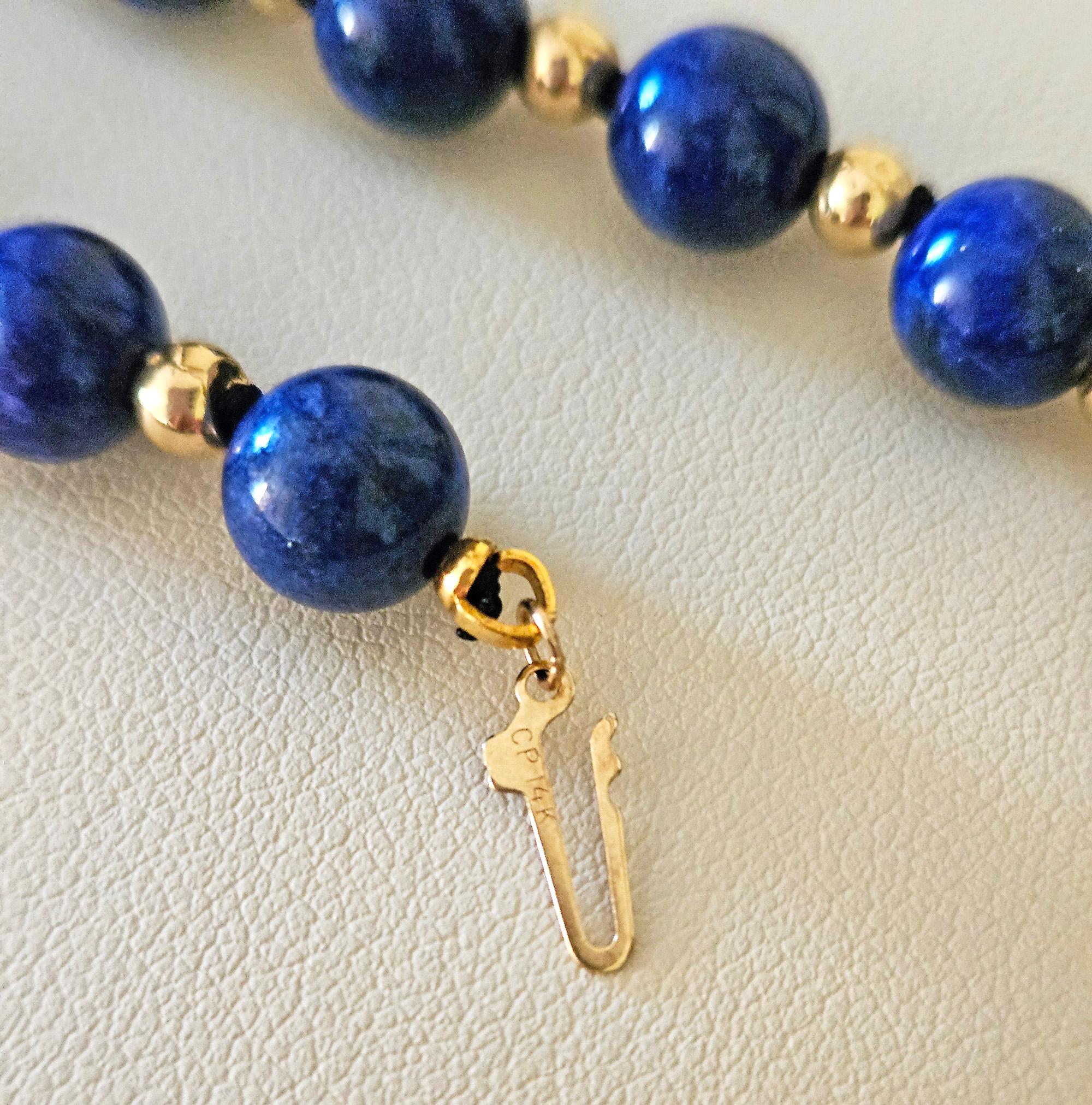 Vintage 8mm Lapis Lazuli & 14K Yellow Gold Beaded Necklace 16