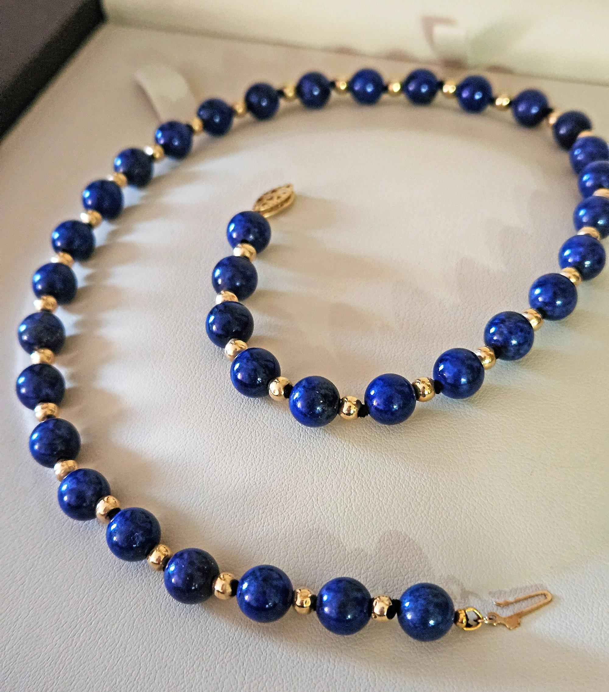 Vintage 8mm Lapis Lazuli & 14K Yellow Gold Beaded Necklace 16