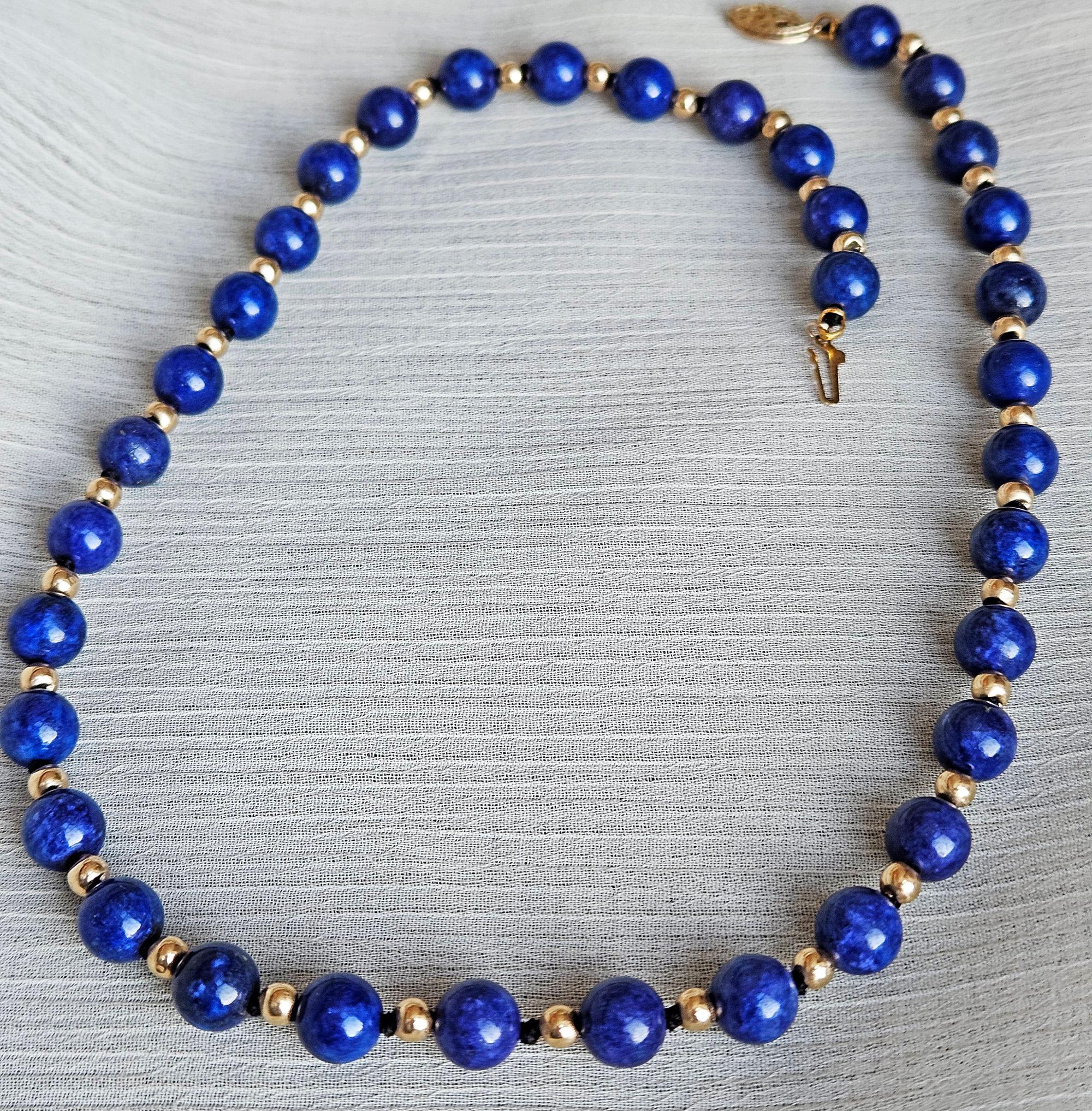 Vintage 8mm Lapis Lazuli & 14K Yellow Gold Beaded Necklace 16