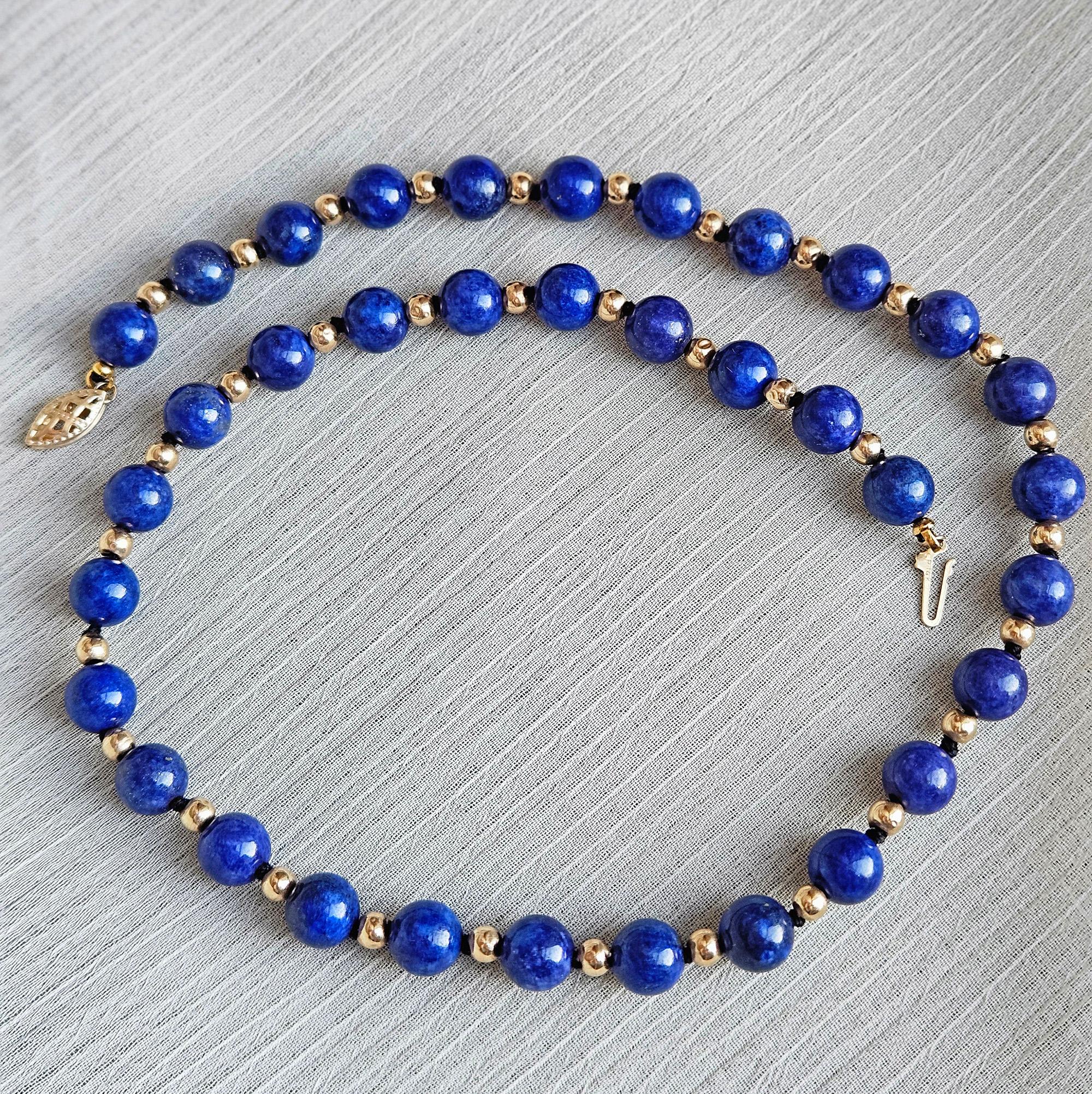 Vintage 8mm Lapis Lazuli & 14K Yellow Gold Beaded Necklace 16
