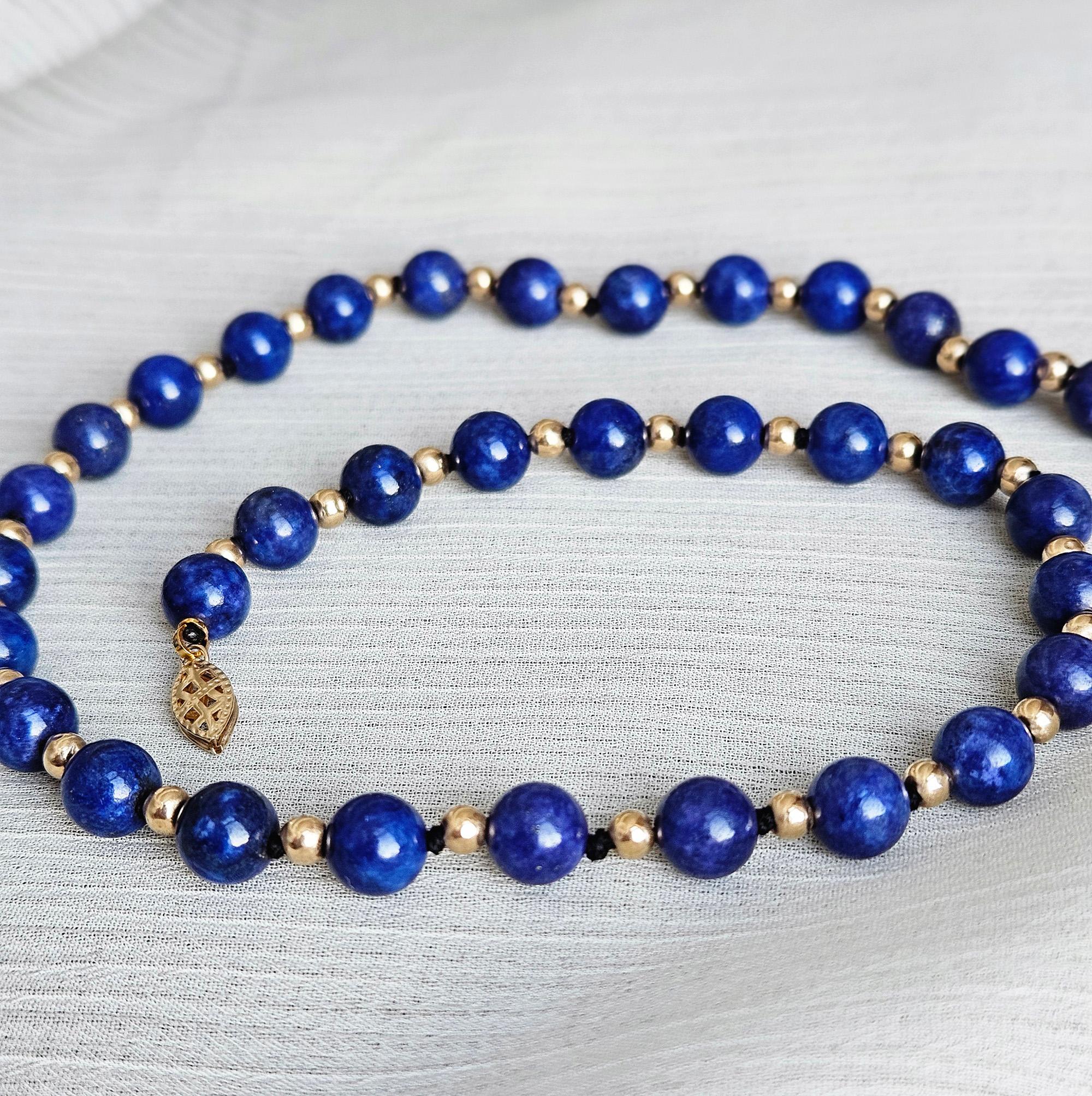Vintage 8mm Lapis Lazuli & 14K Yellow Gold Beaded Necklace 16