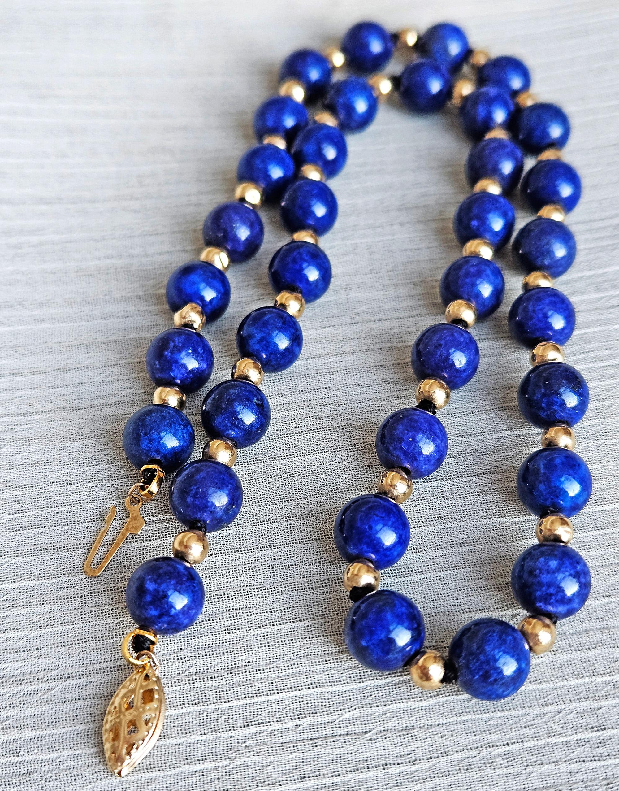 Vintage 8mm Lapis Lazuli & 14K Yellow Gold Beaded Necklace 16