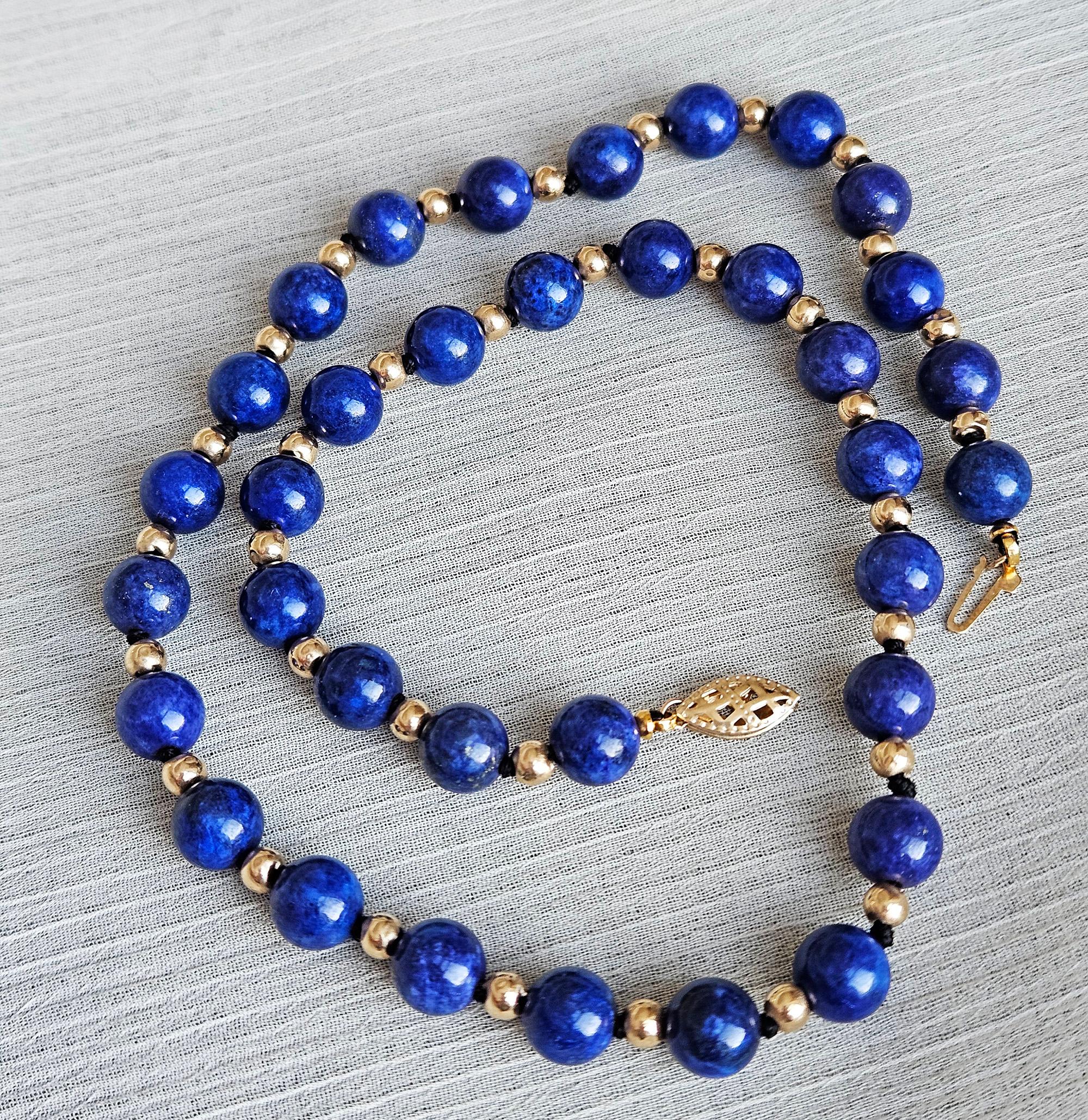 Vintage 8mm Lapis Lazuli & 14K Yellow Gold Beaded Necklace 16