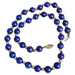 Collana di perline vintage in lapislazzuli da 8 mm e oro giallo 14 carati da 16 pollici