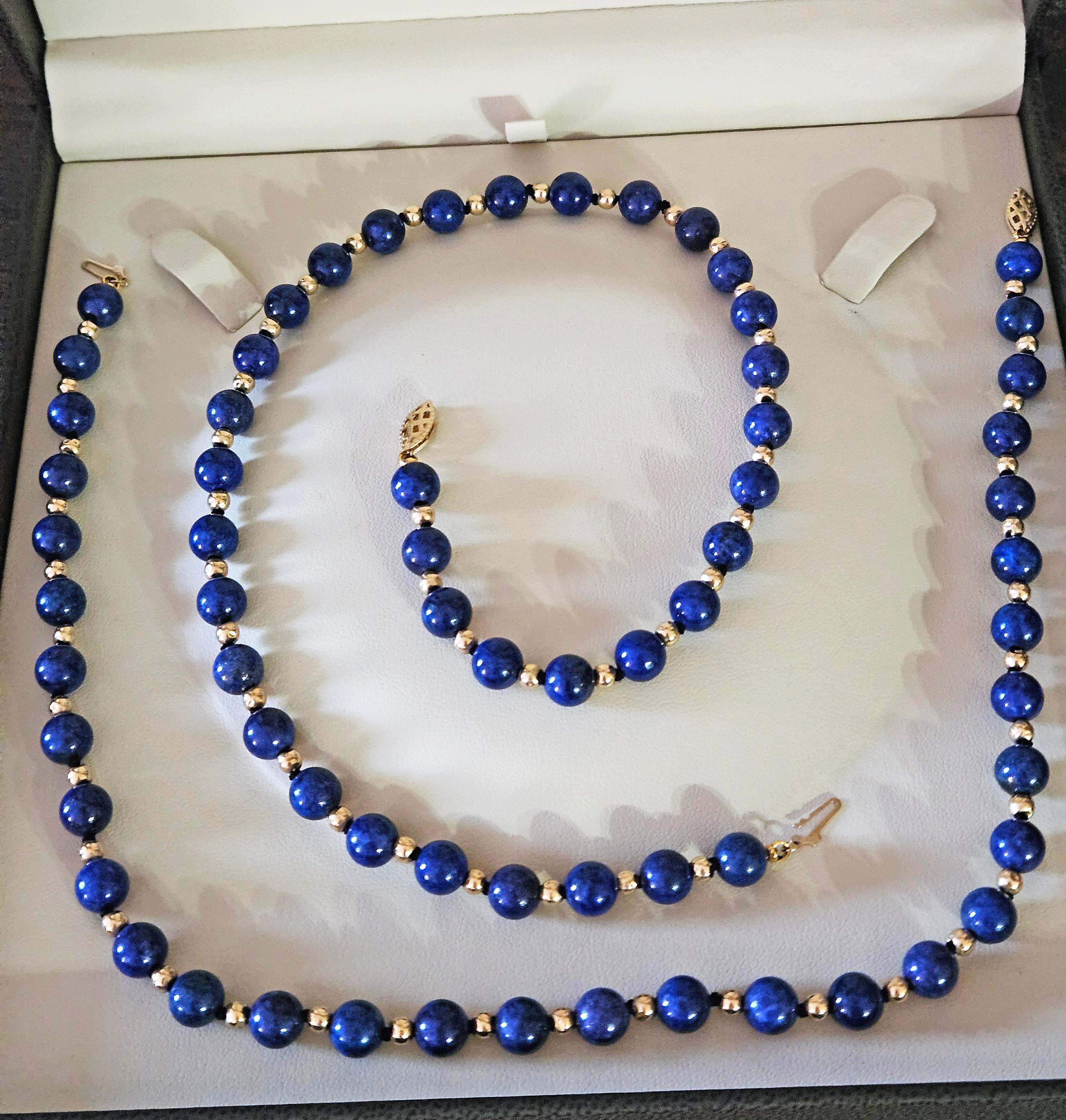 Vintage 8mm Lapis Lazuli & 14K Yellow Gold Beaded Necklace 16