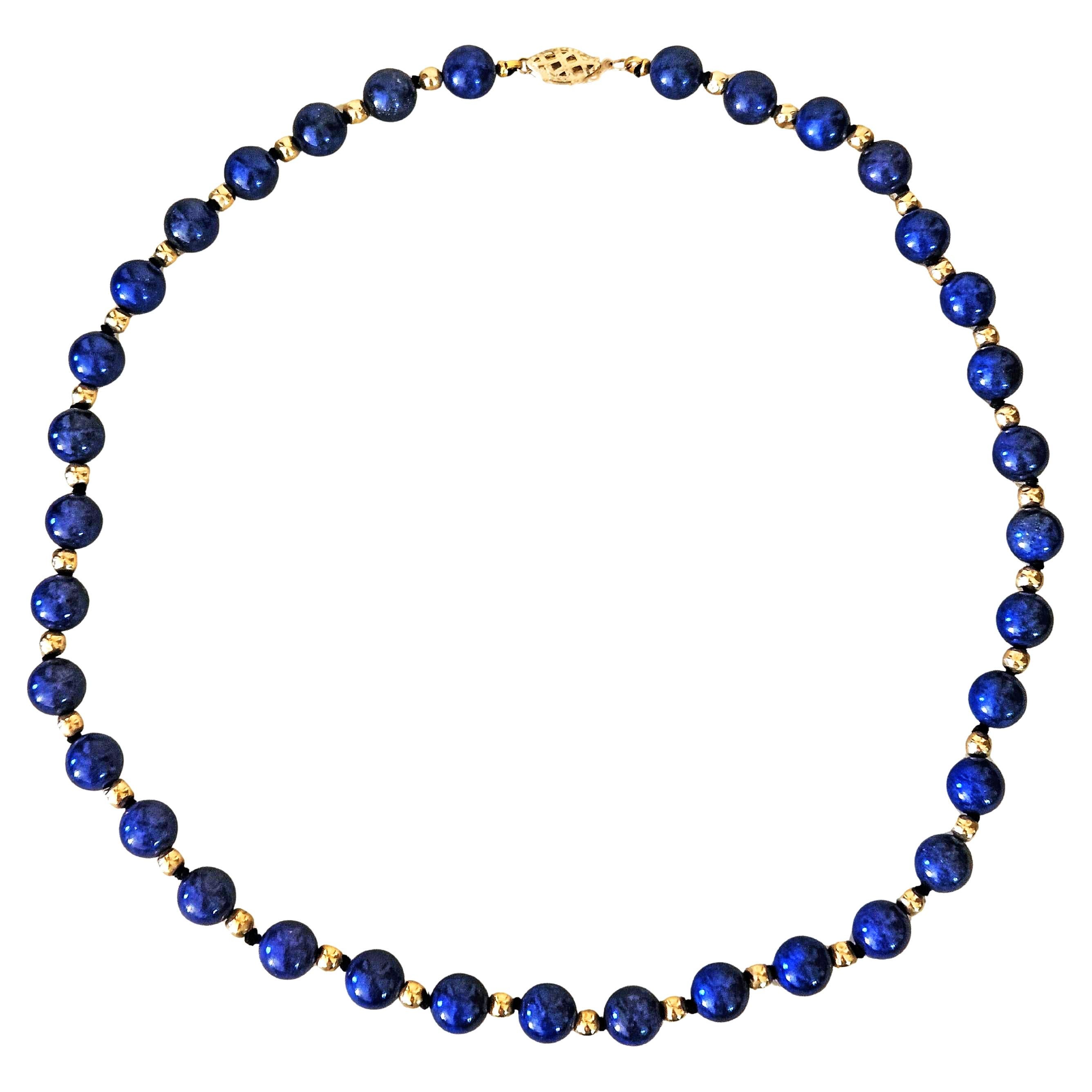 Moderno Vintage 8mm Lapis Lazuli & 14K Yellow Gold Beaded Necklace 16