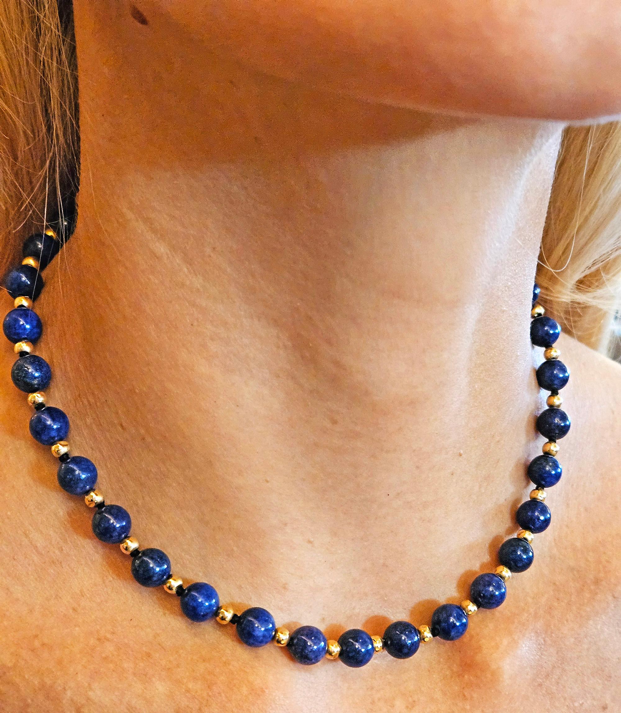 Perlina Vintage 8mm Lapis Lazuli & 14K Yellow Gold Beaded Necklace 16
