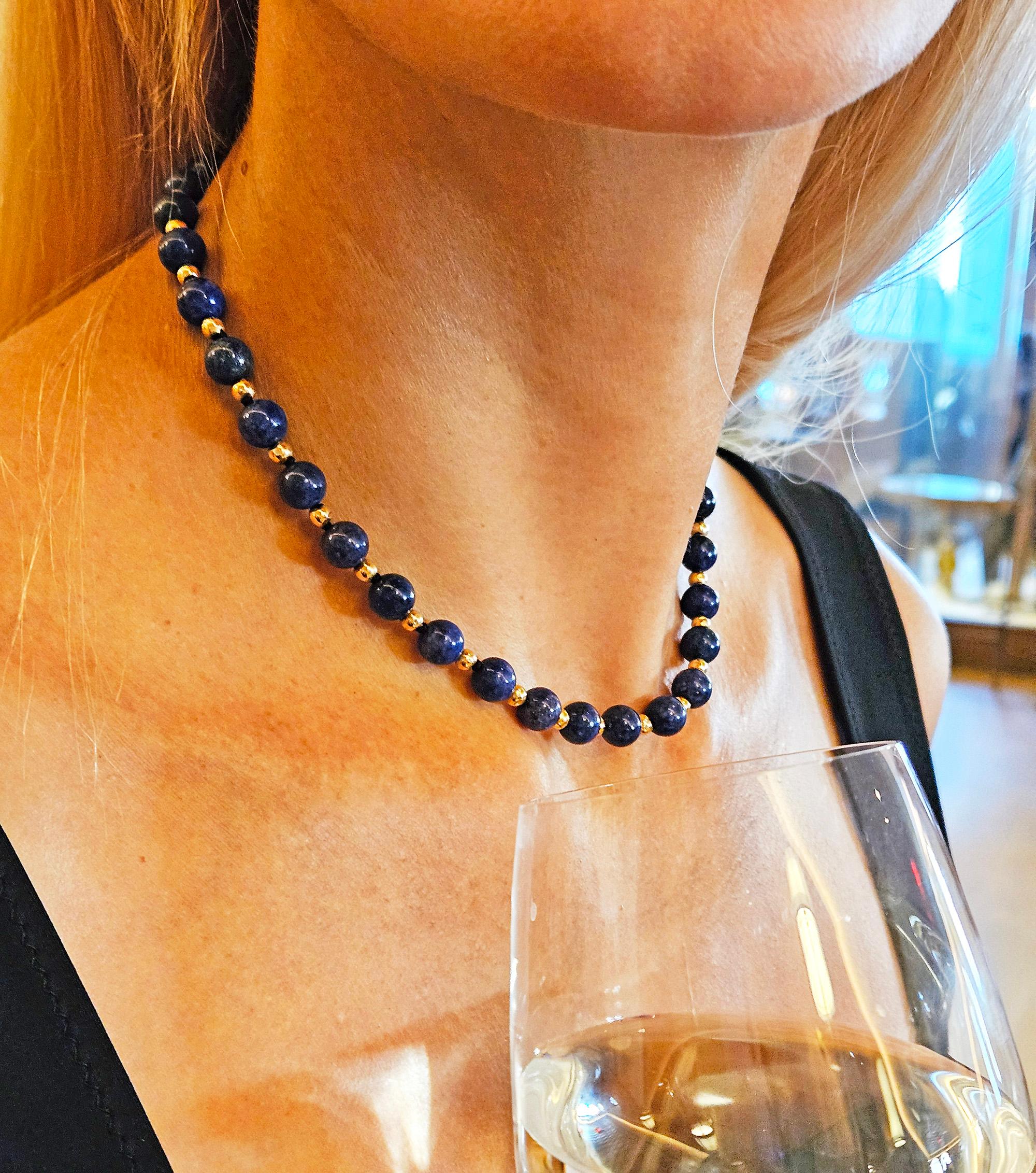 Vintage 8mm Lapis Lazuli & 14K Yellow Gold Beaded Necklace 16