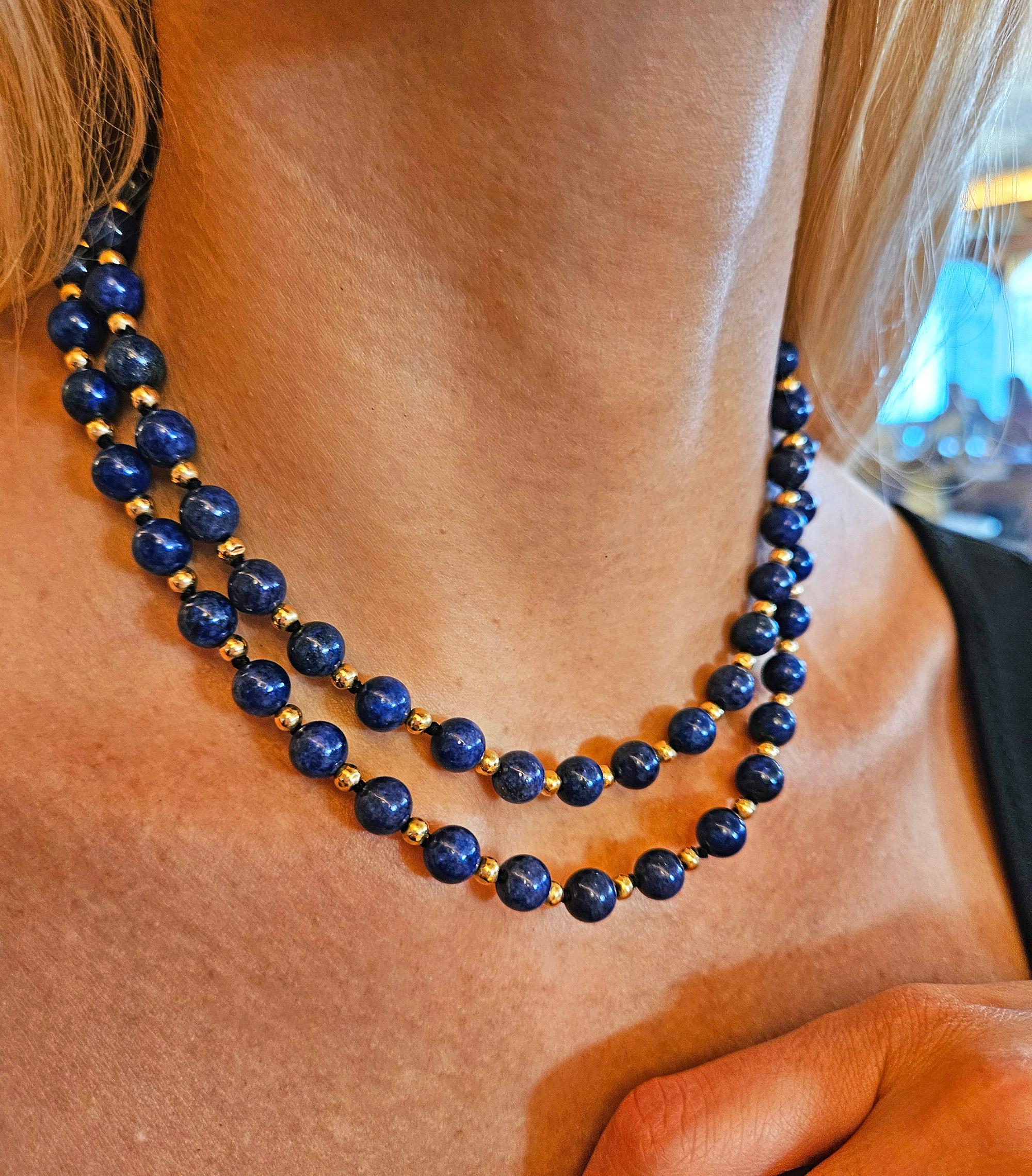 Donna Vintage 8mm Lapis Lazuli & 14K Yellow Gold Beaded Necklace 16