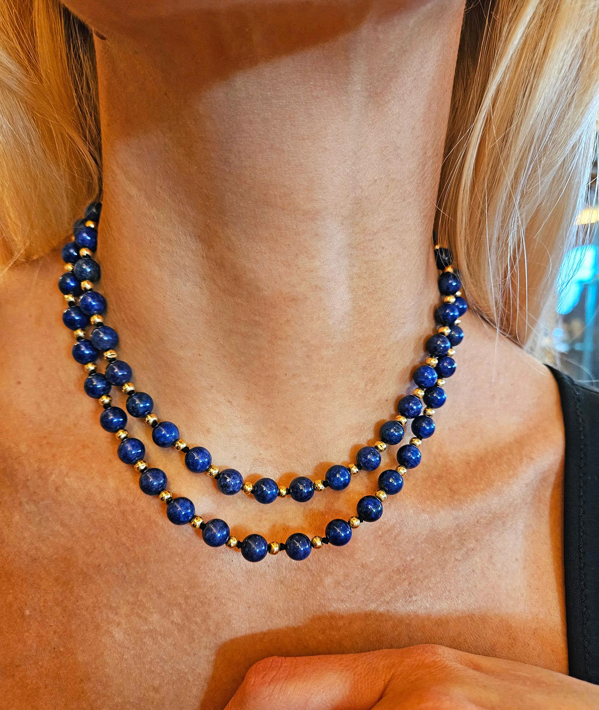 Vintage 8mm Lapis Lazuli & 14K Yellow Gold Beaded Necklace 16