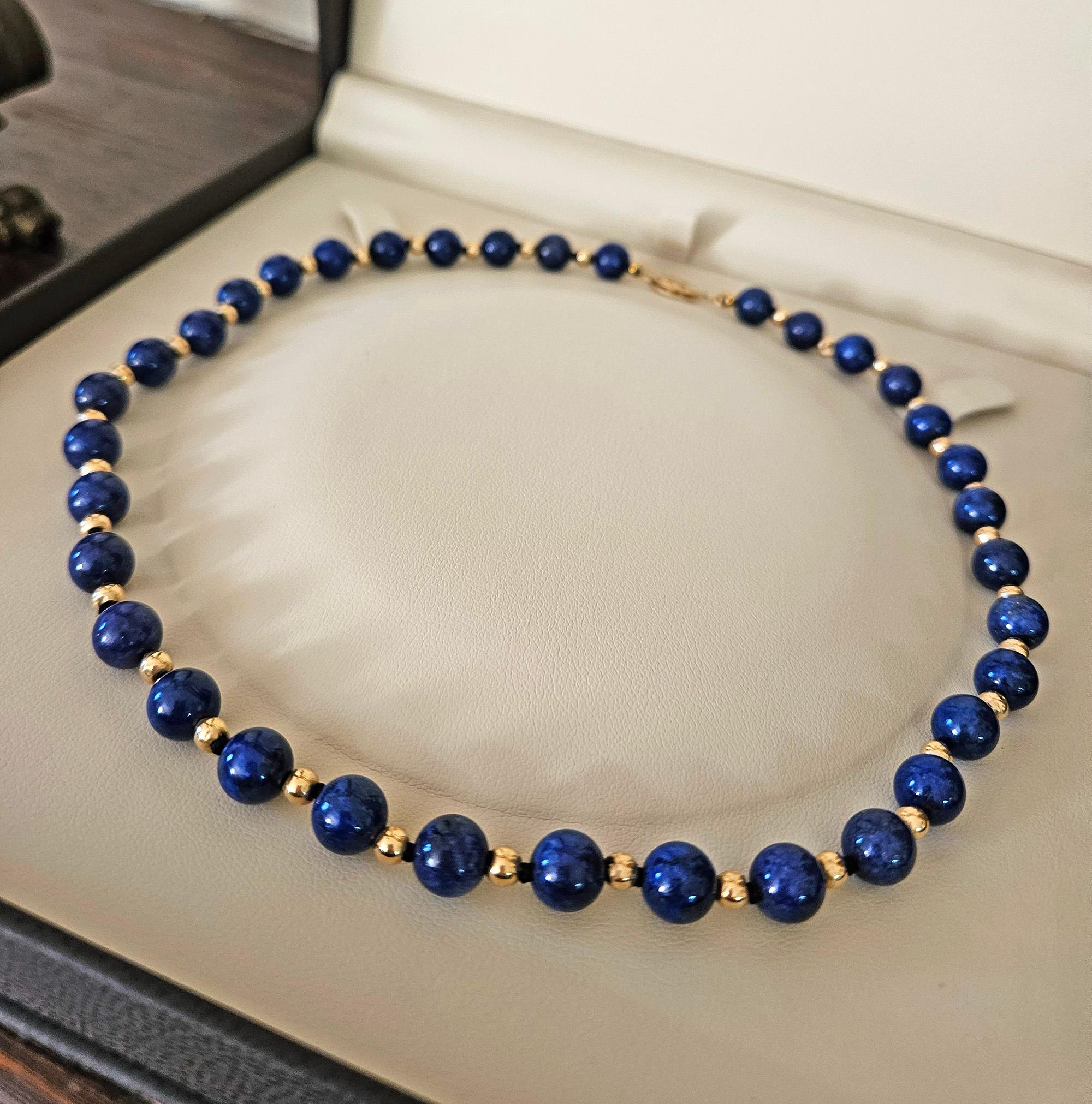 Vintage 8mm Lapis Lazuli & 14K Yellow Gold Beaded Necklace 16