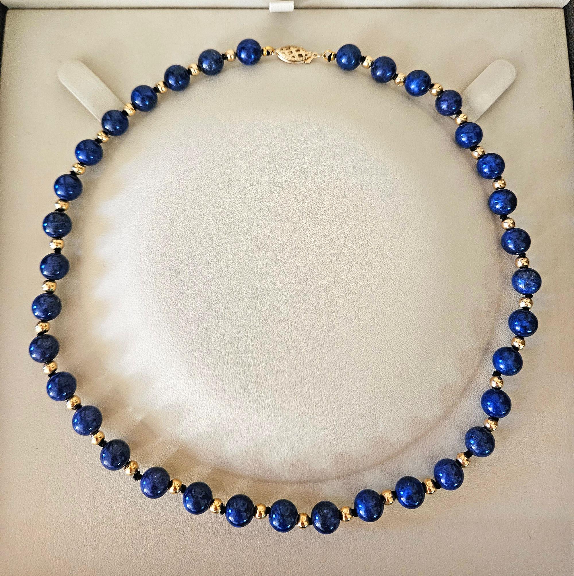 Vintage 8mm Lapis Lazuli & 14K Yellow Gold Beaded Necklace 16