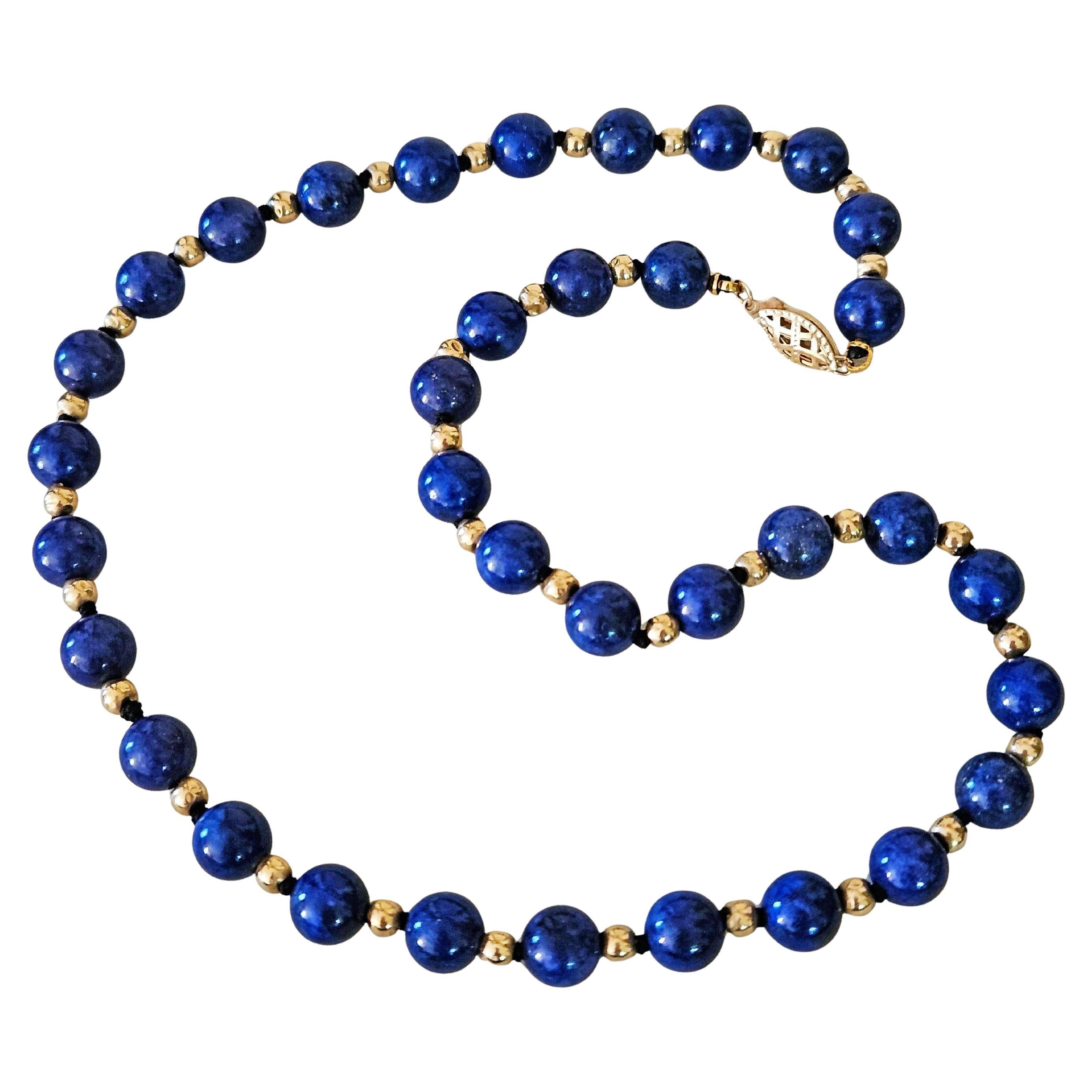 Vintage 8mm Lapis Lazuli 
14K Yellow Gold Beaded Necklace 16"