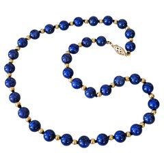 Vintage 8mm Lapis Lazuli 
14K Yellow Gold Beaded Necklace 16"
