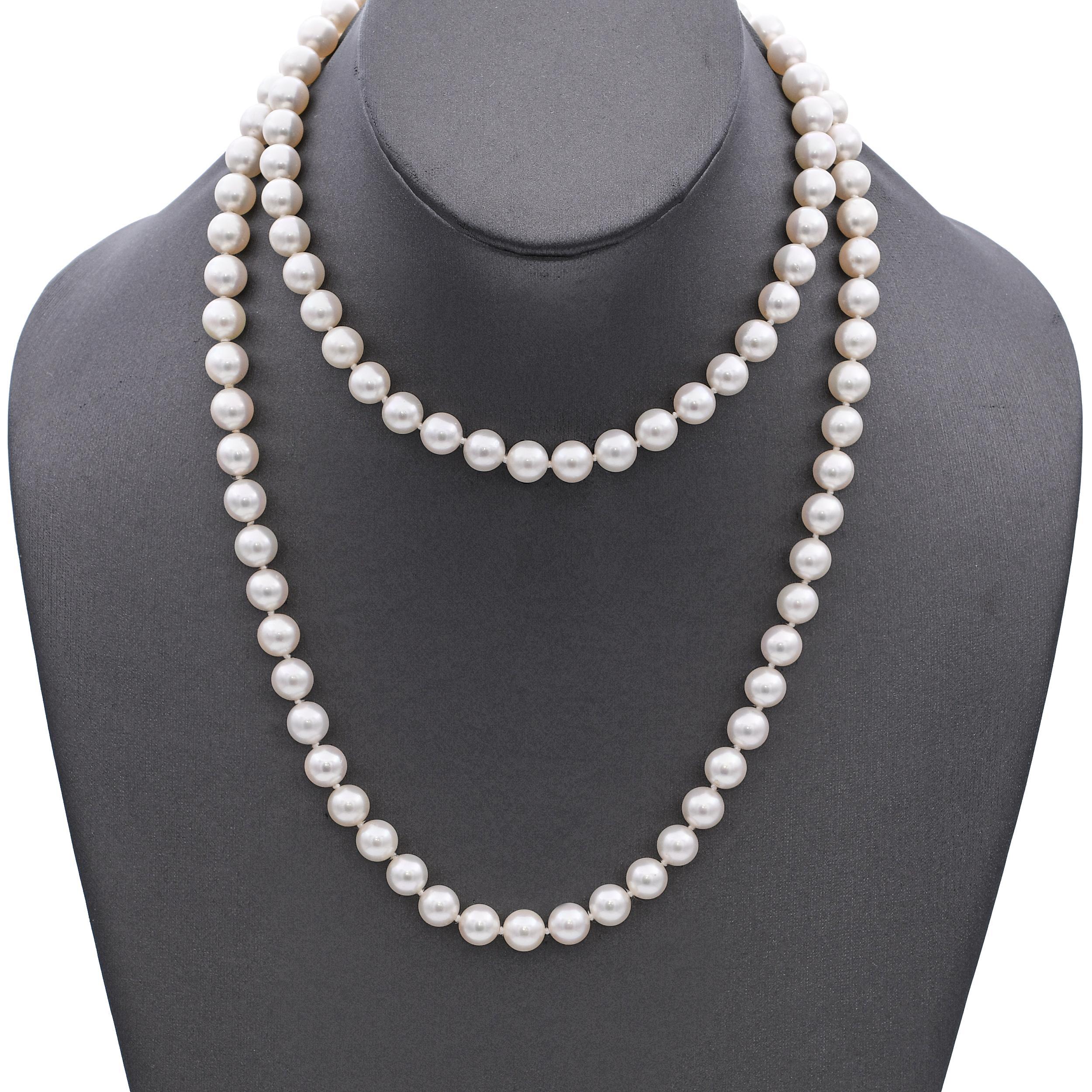 Bead Vintage 8mm Pearl Necklace with 14k Yellow Gold Clasp For Sale