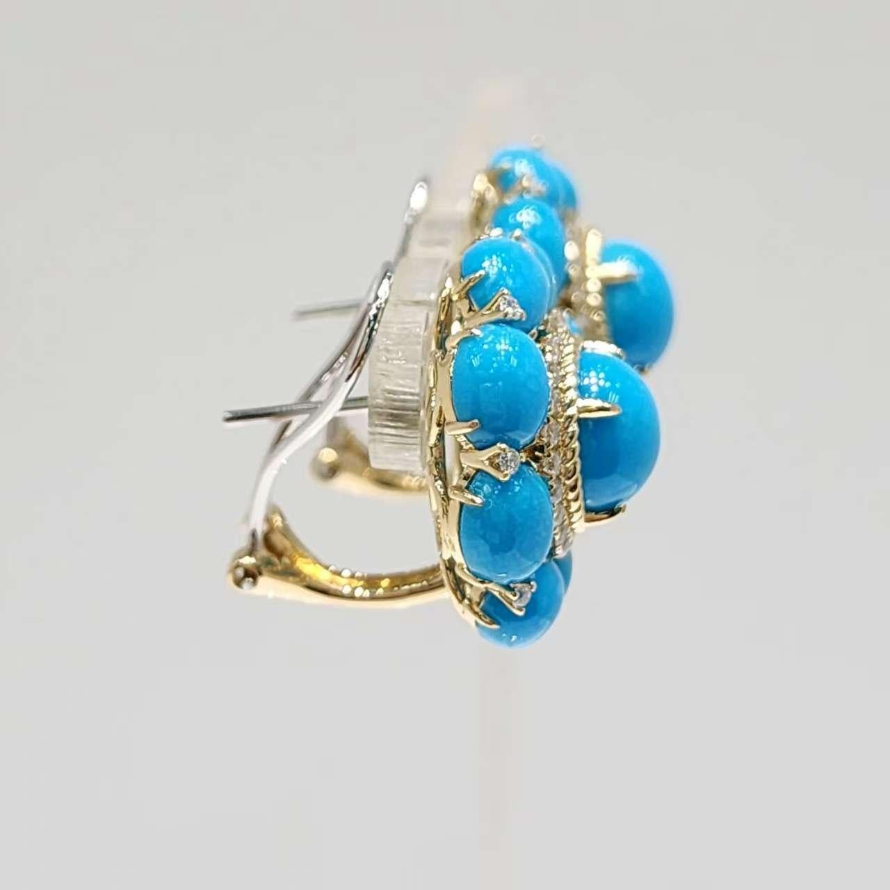 Vintage 8MM Türkis Diamant Ohrringe in 14 Karat Gelbgold (Gemischter Schliff) im Angebot