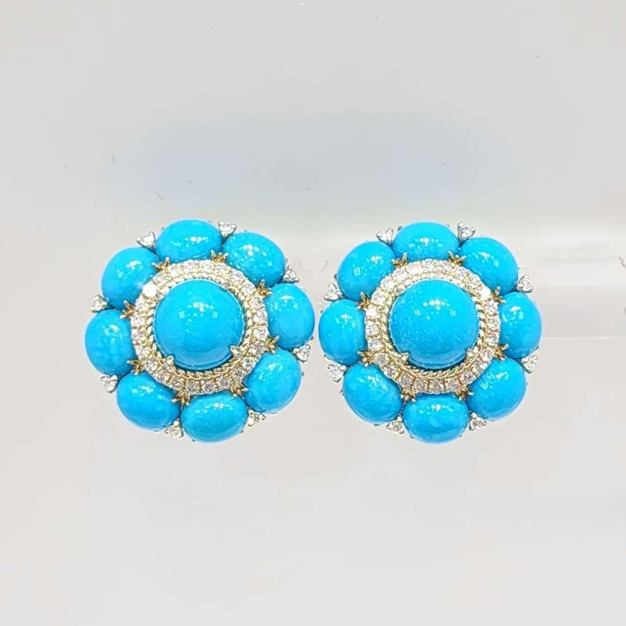 Vintage 8MM Türkis Diamant Ohrringe in 14 Karat Gelbgold im Zustand „Neu“ im Angebot in Hong Kong, HK