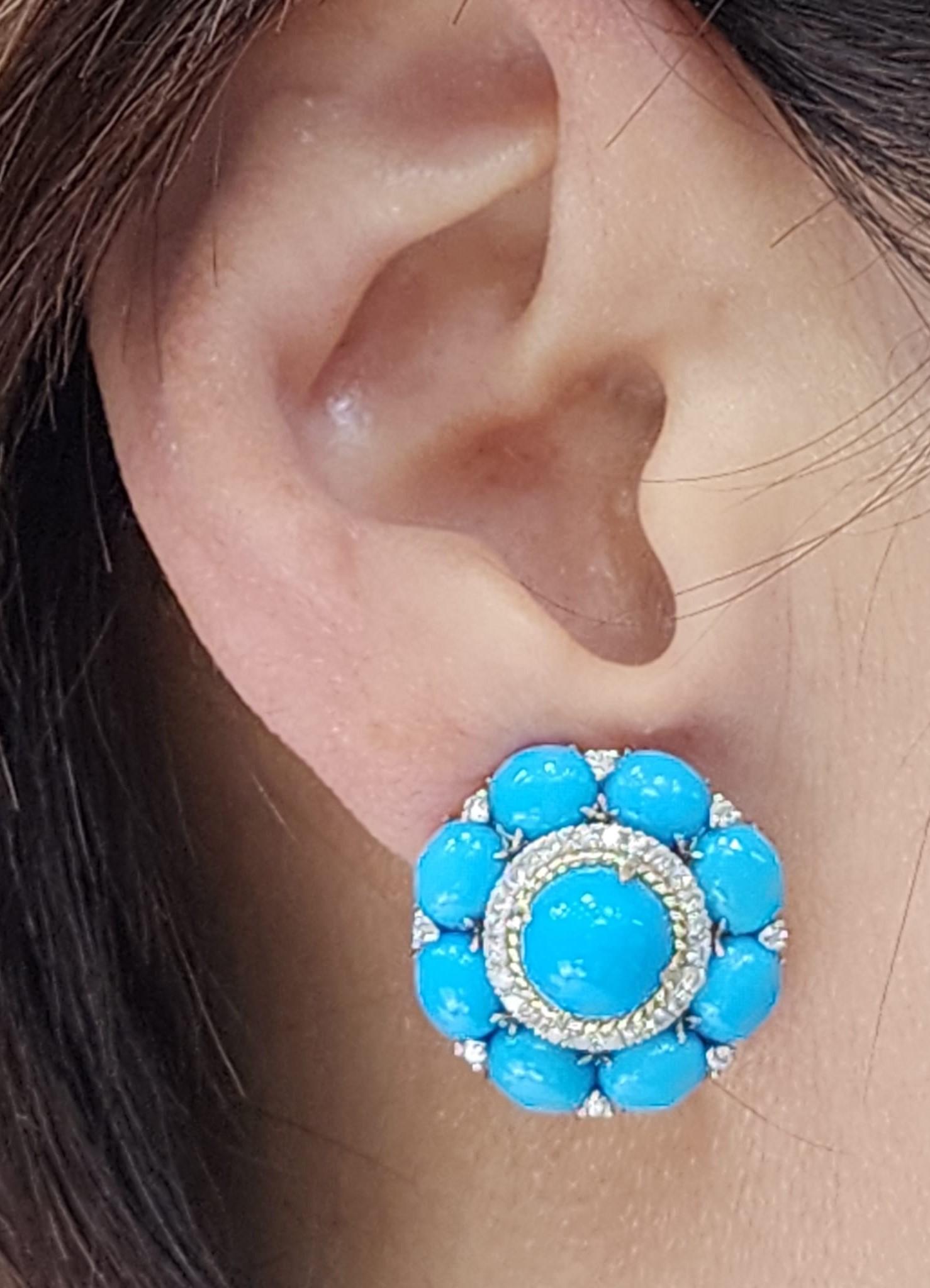 Vintage 8MM Türkis Diamant Ohrringe in 14 Karat Gelbgold im Angebot 1