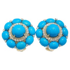 Vintage 8MM Turquoise Diamond Earrings in 14 Karat Yellow Gold