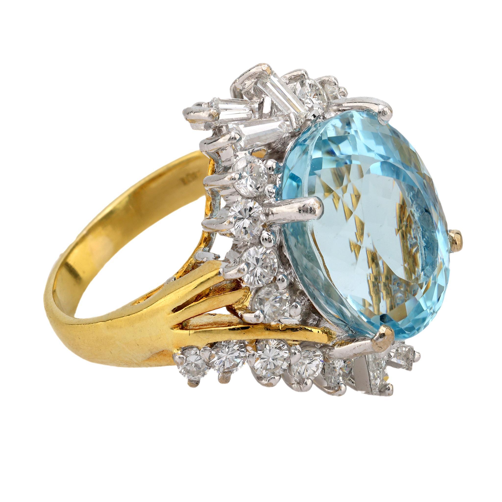 Modern Vintage 9 carat aquamarine diamond 18k gold cocktail ring
