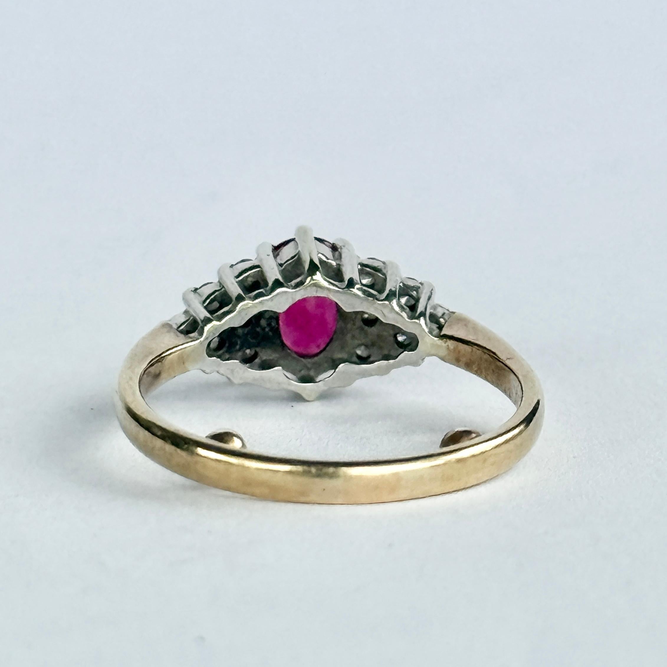 da uomo o donna Anello solitario con diamante e rubino d'epoca in oro e platino da 9 carati in vendita