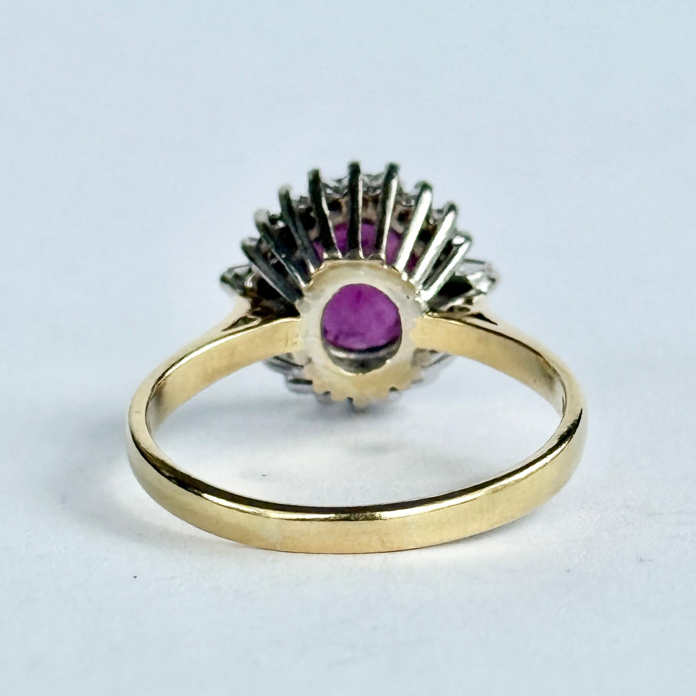 Women's or Men's Vintage 9 Carat Gold and Platinum Ruby and Diamond Cluster Ring For Sale