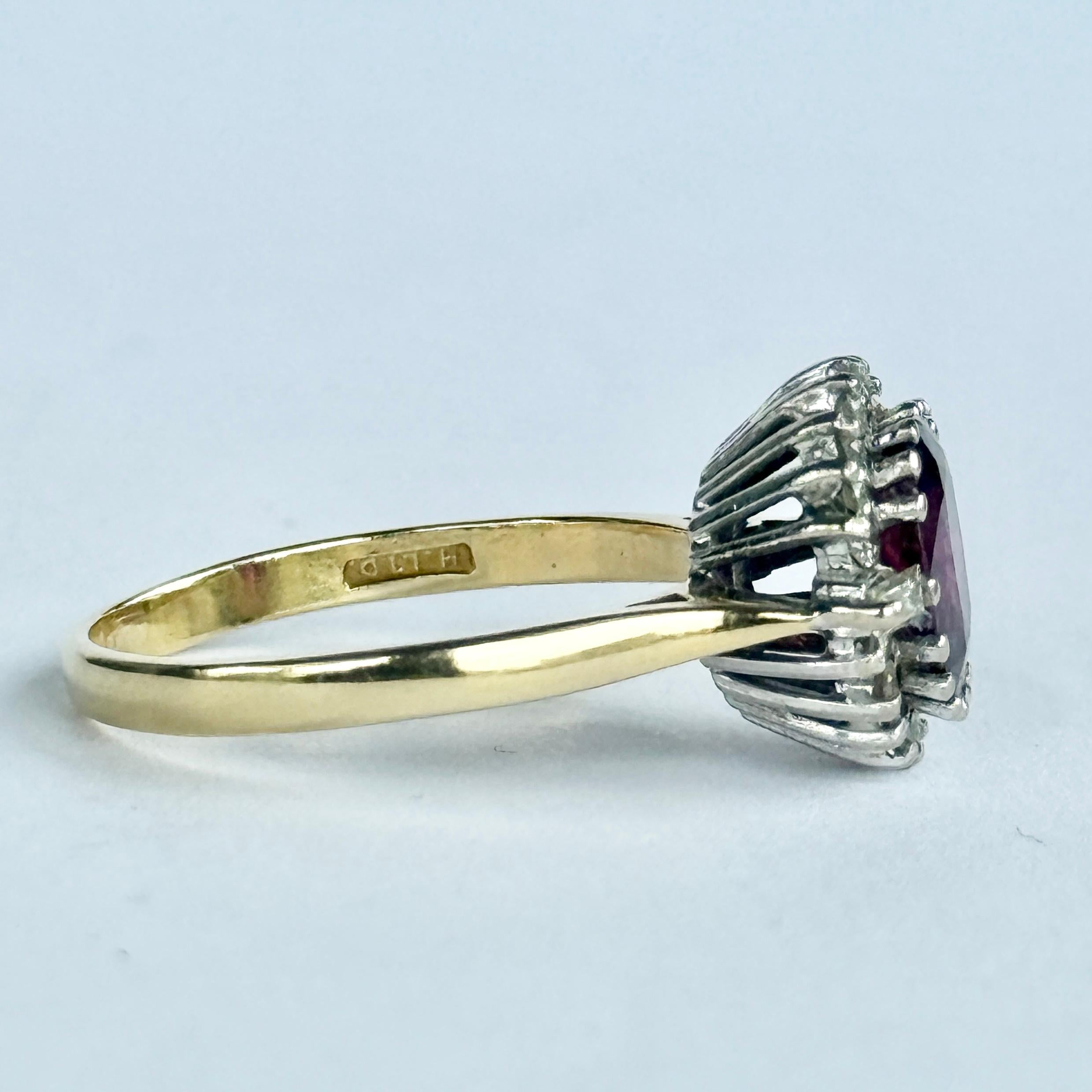 Vintage 9 Carat Gold and Platinum Ruby and Diamond Cluster Ring For Sale 1