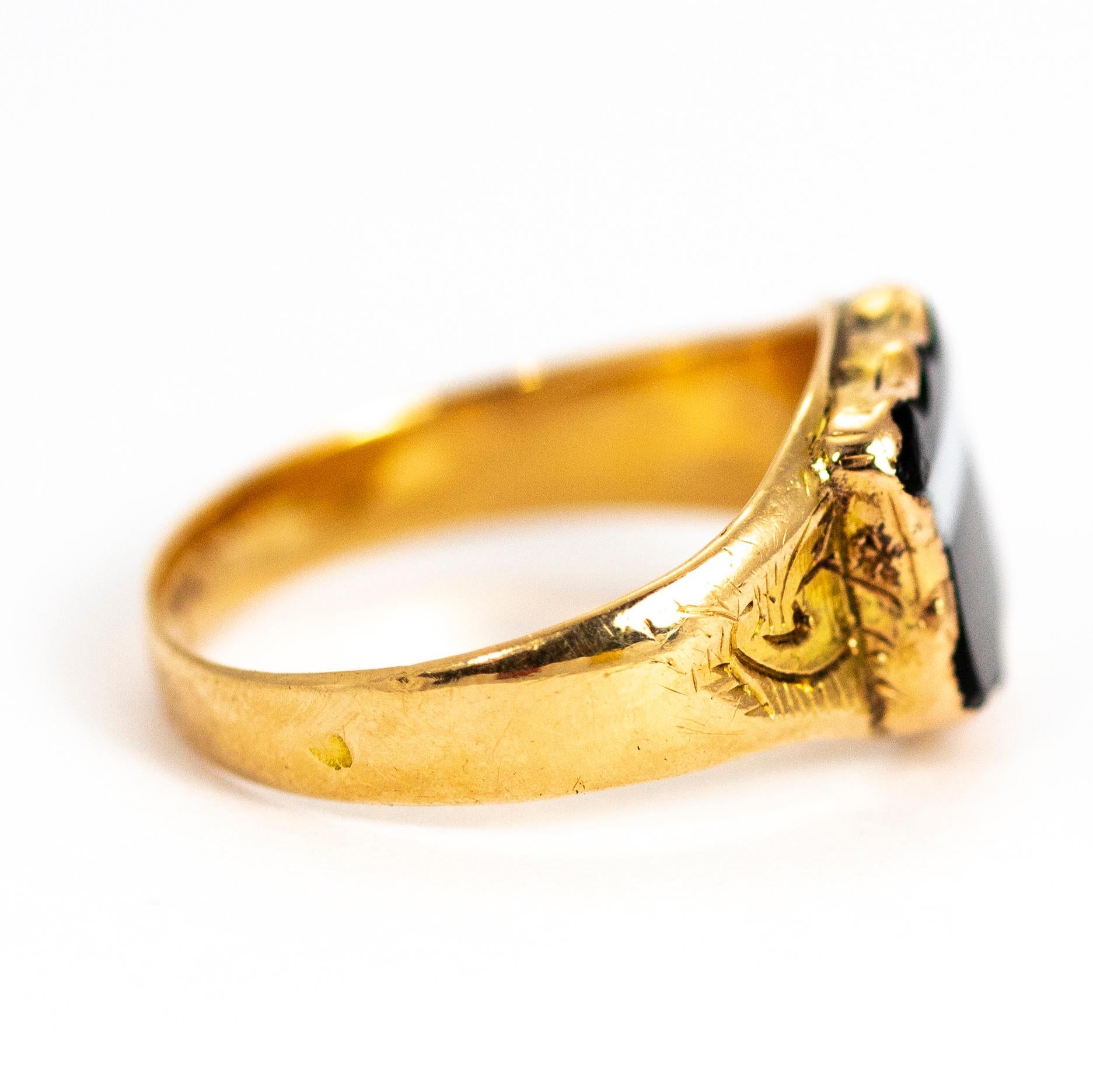 Women's or Men's Vintage 9 Carat Gold Banded Agate Shield Signet Ring