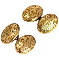 Vintage 9 Carat Gold Detailed Oval Cufflinks in Original Fitted Box