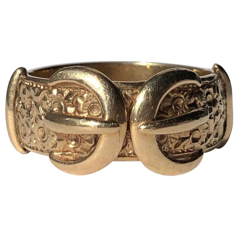 Vintage 9 Carat Gold Double Buckle Gold Band For Sale