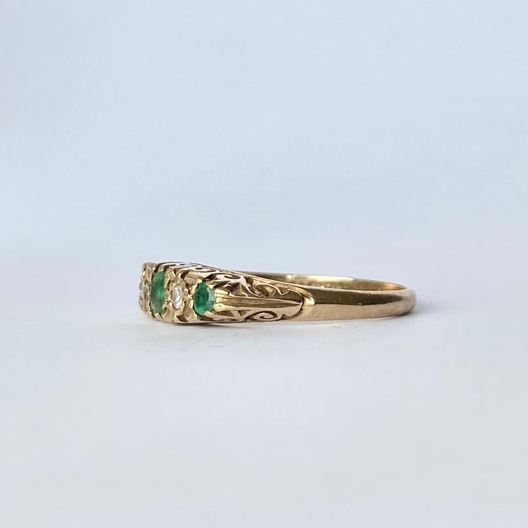 Modern Vintage 9 Carat Gold Emerald and Diamond Five-Stone Ring