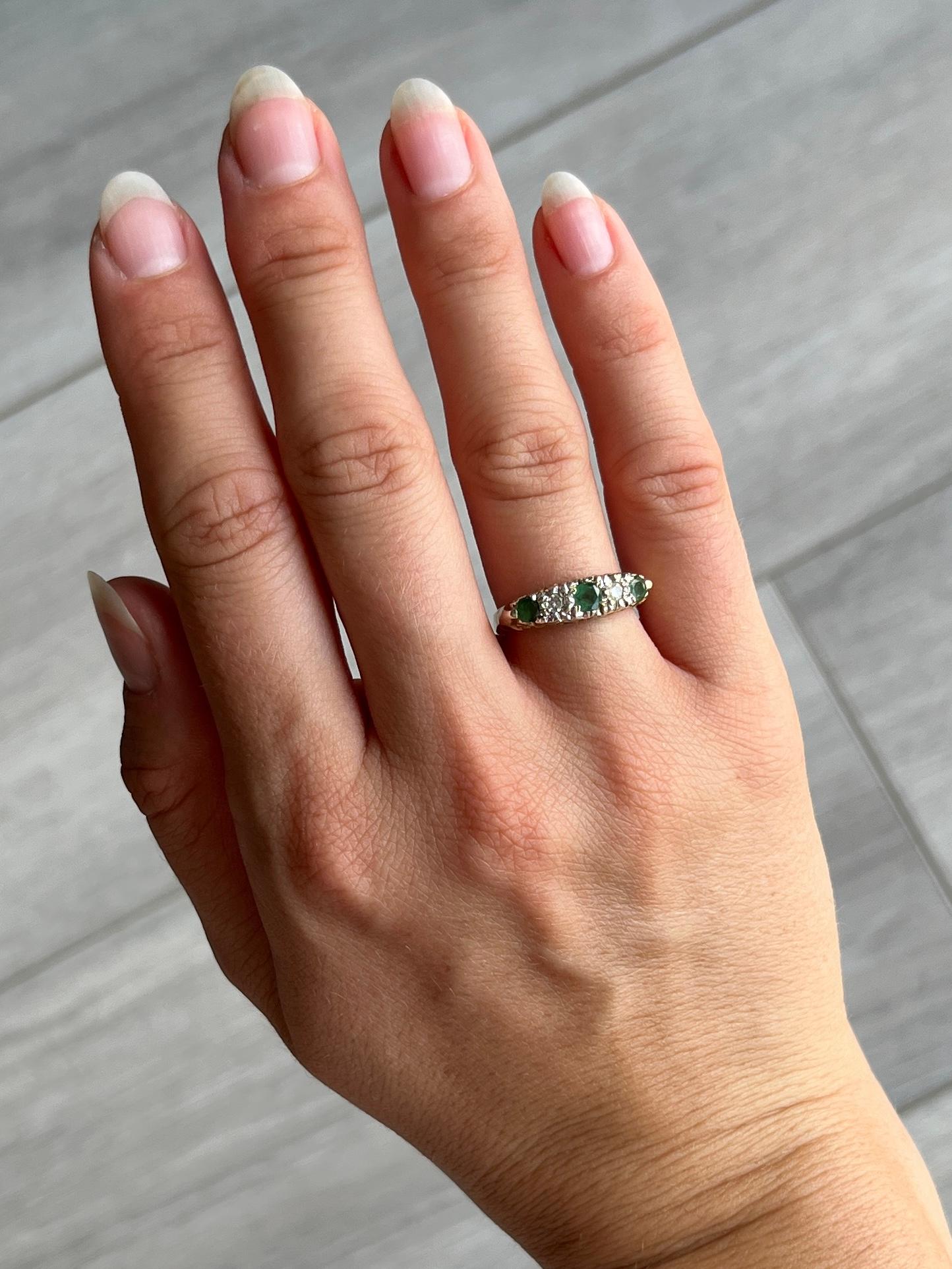Round Cut Vintage 9 Carat Gold Emerald and Diamond Five-Stone Ring For Sale