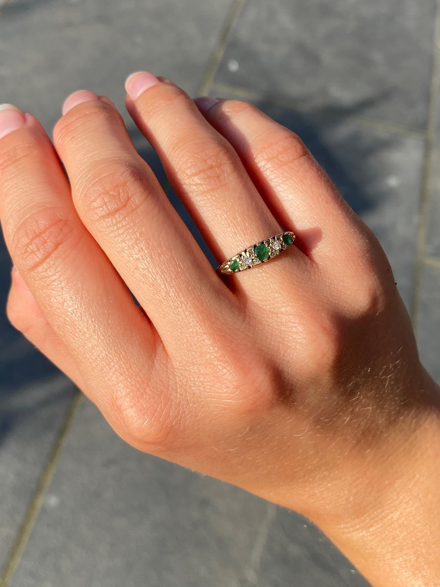 Round Cut Vintage 9 Carat Gold Emerald and Diamond Five-Stone Ring
