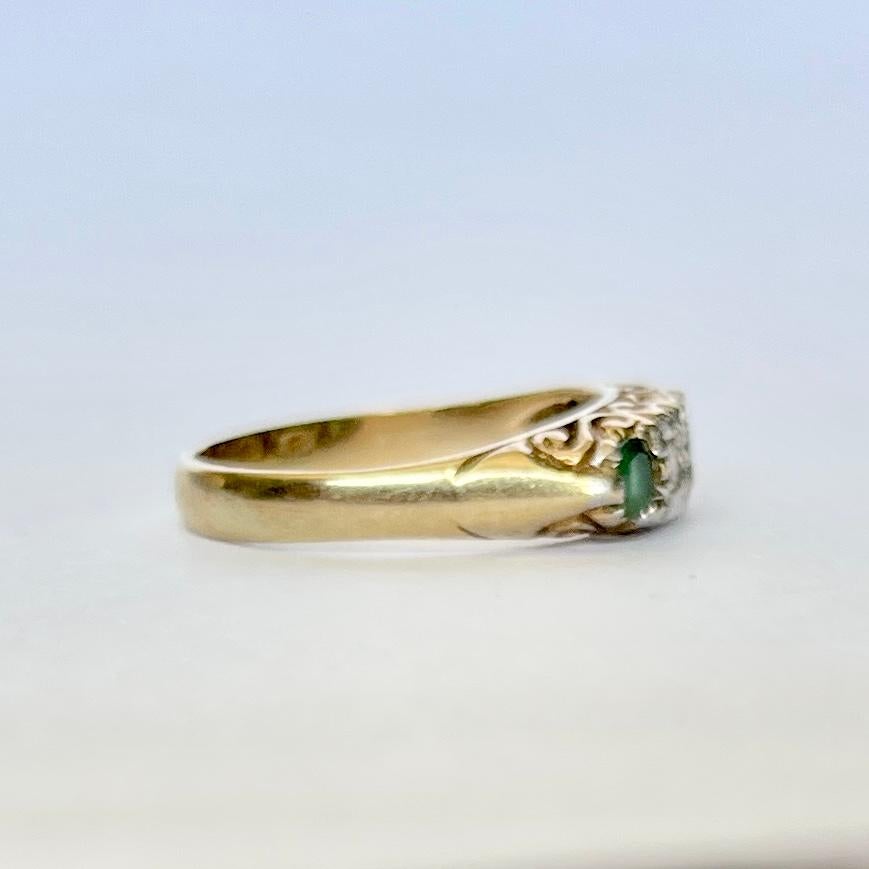 Women's Vintage 9 Carat Gold Emerald and Diamond Five-Stone Ring For Sale