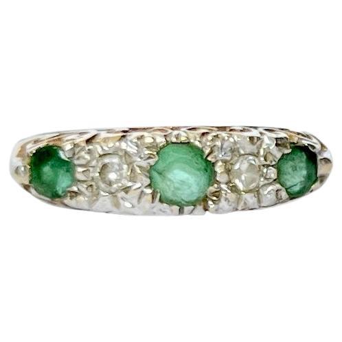 Vintage 9 Carat Gold Emerald and Diamond Five-Stone Ring For Sale