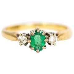 Vintage 9 Carat Gold Emerald and Diamond Three-Stone Ring